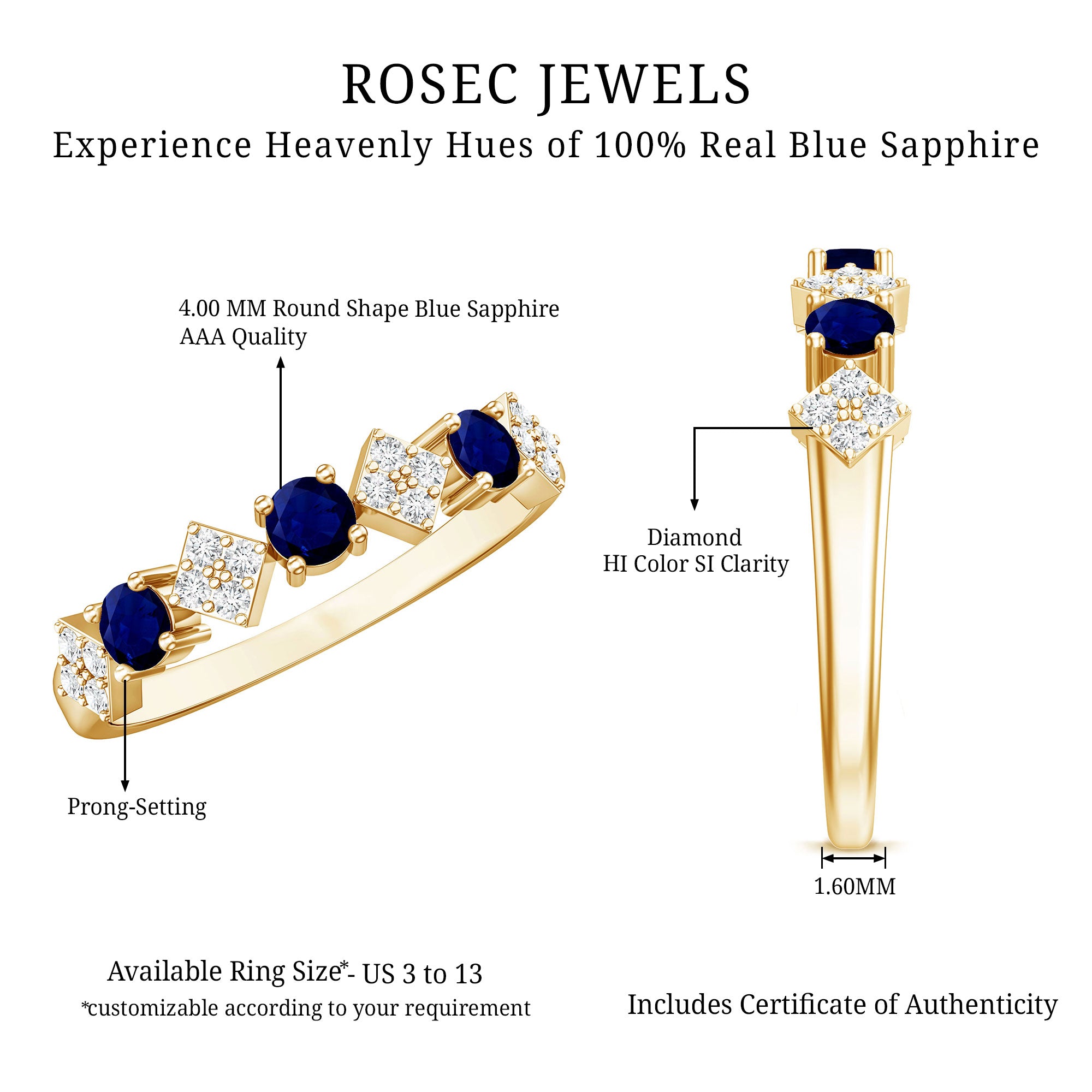 Natural Blue Sapphire and Diamond Half Eternity Band Ring for Women AAA - Rosec Jewels