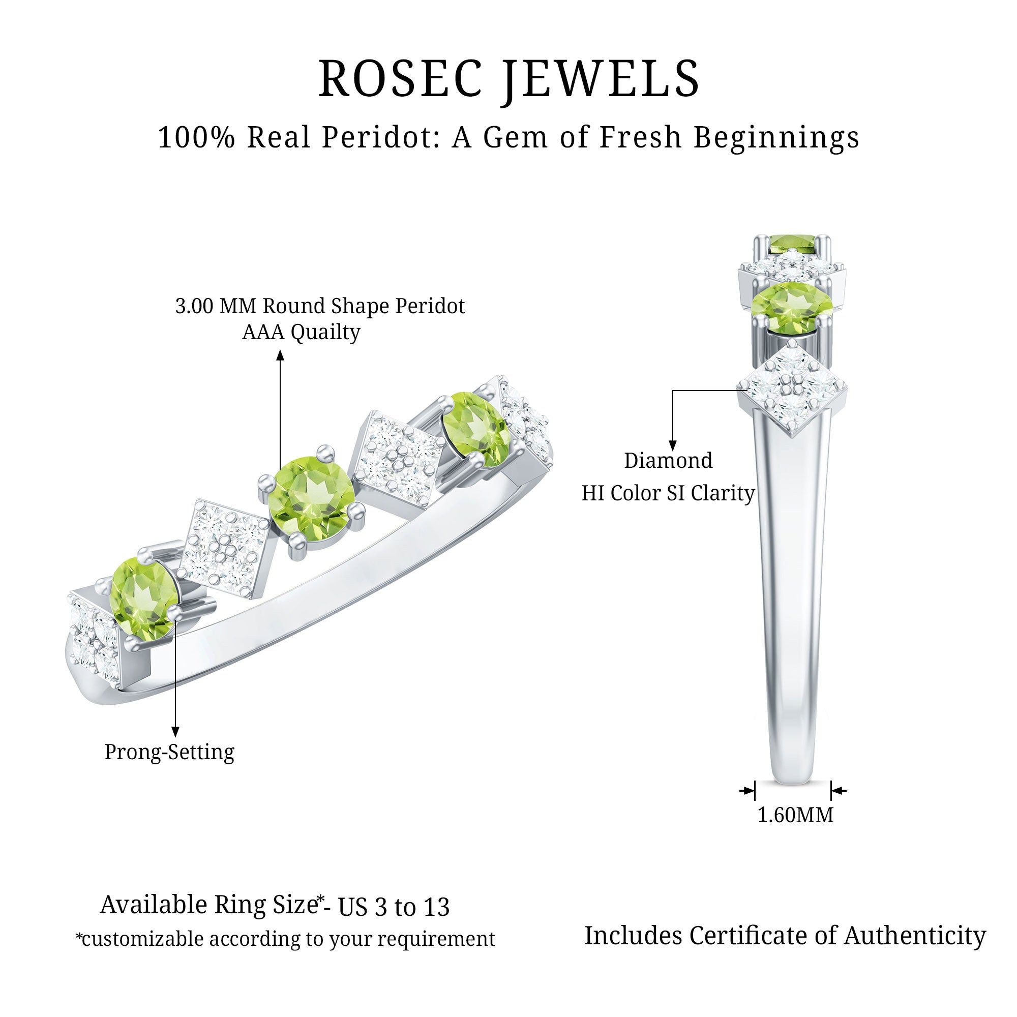 Natural Peridot Diamond Half Eternity Ring for Women AAA - Rosec Jewels