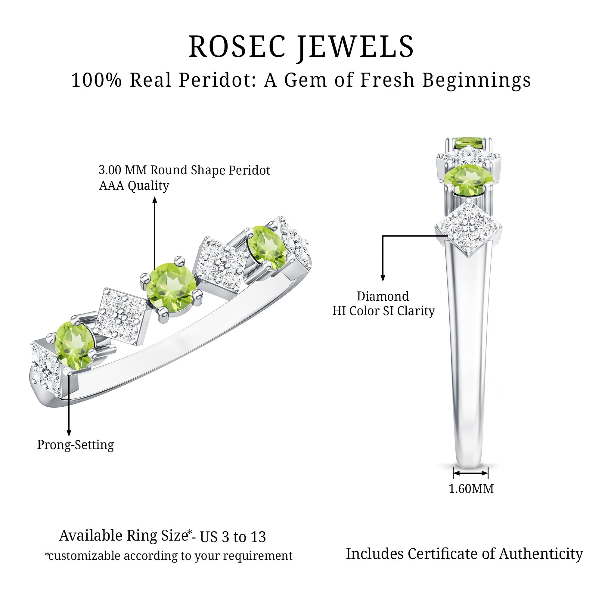 Natural Peridot Diamond Half Eternity Ring for Women AAA - Rosec Jewels