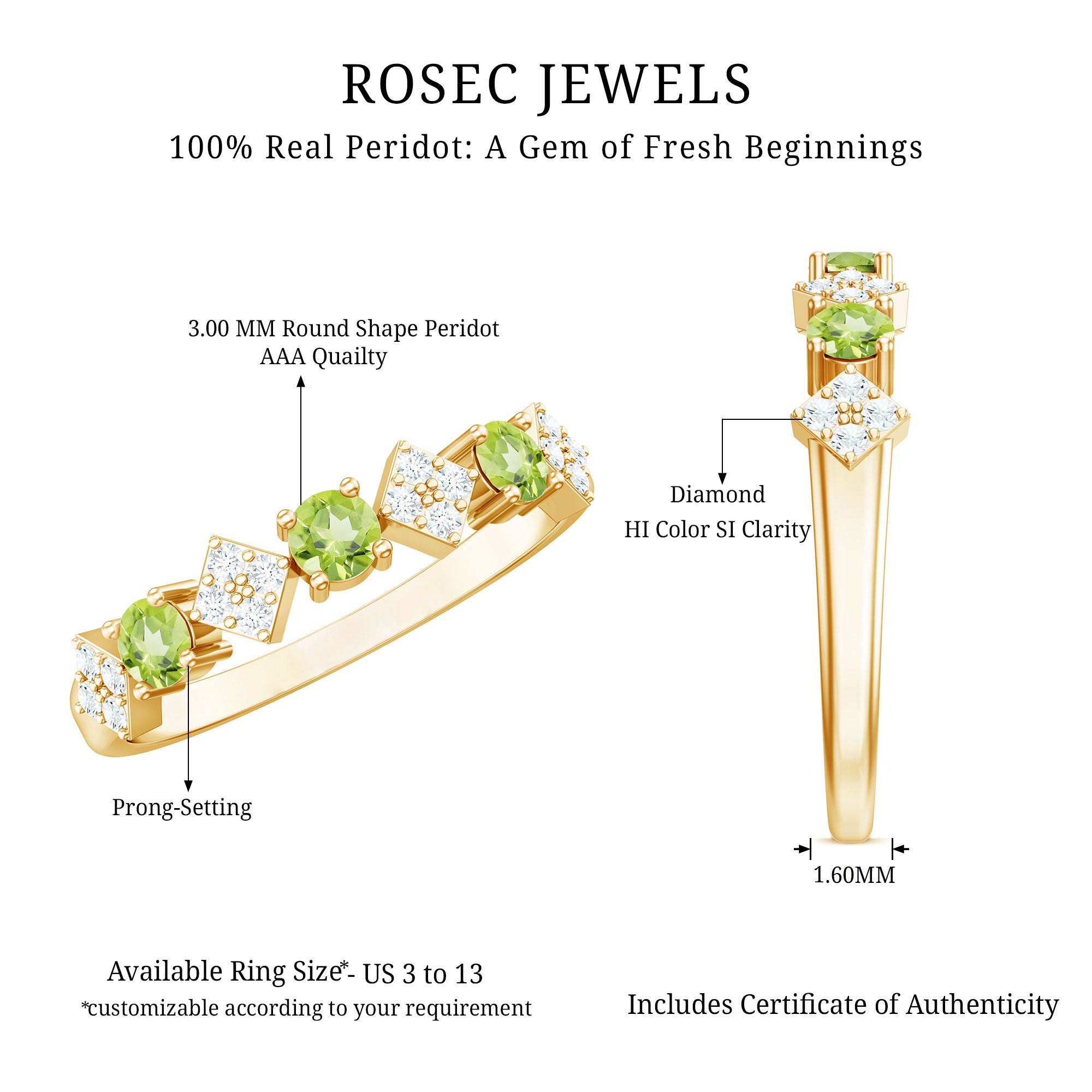 Natural Peridot Diamond Half Eternity Ring for Women AAA - Rosec Jewels