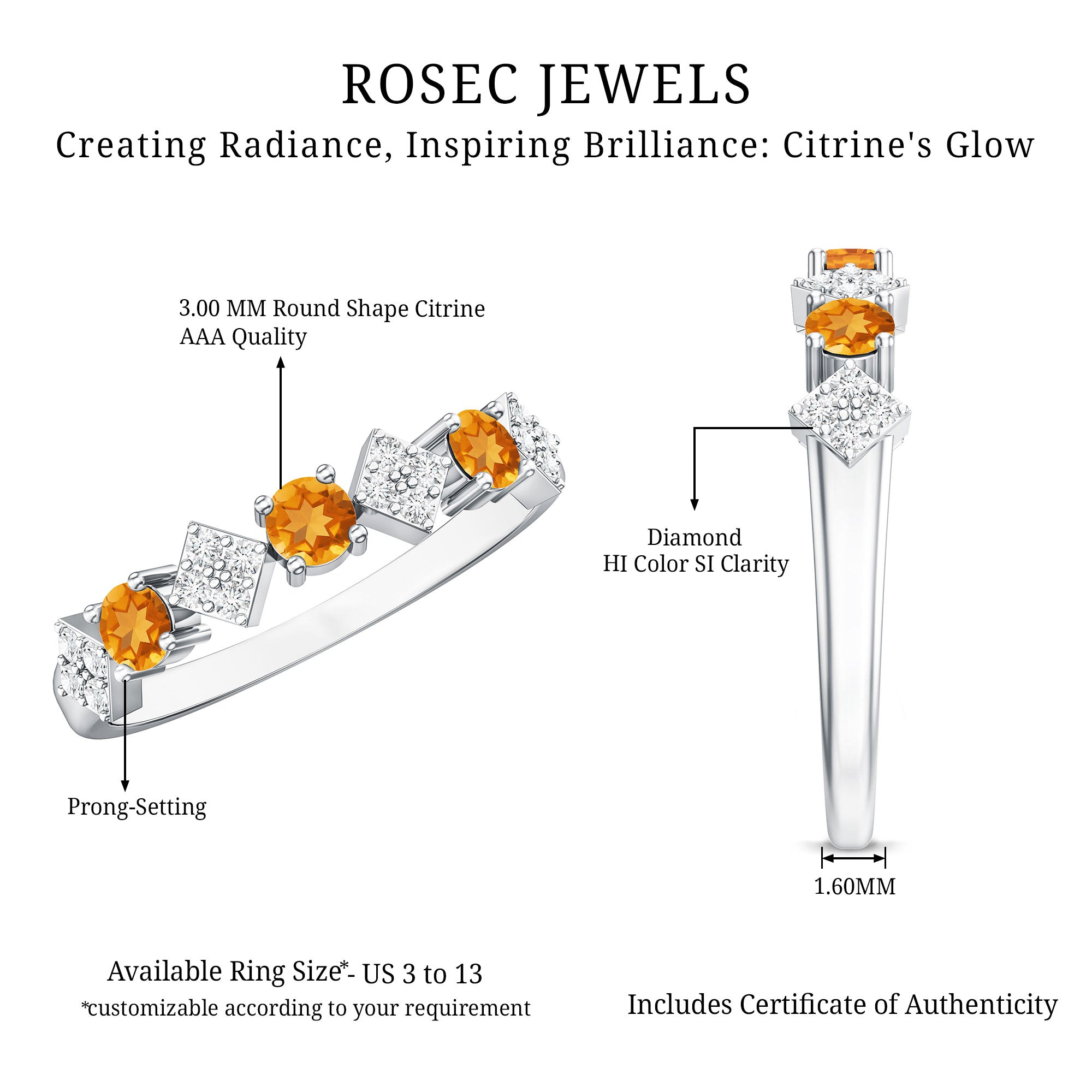 Natural Citrine and Diamond Half Eternity Band Ring AAA - Rosec Jewels