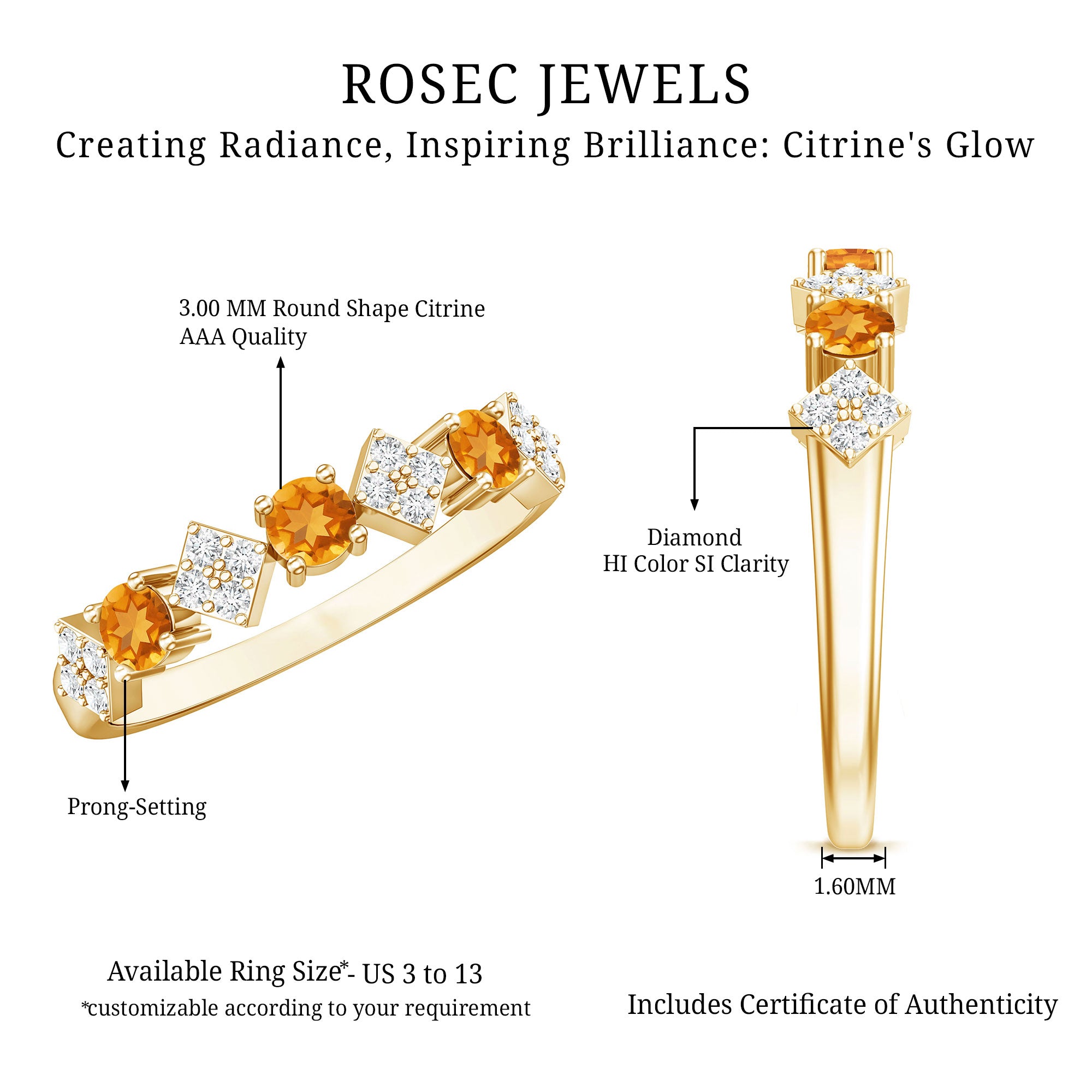 Natural Citrine and Diamond Half Eternity Band Ring AAA - Rosec Jewels