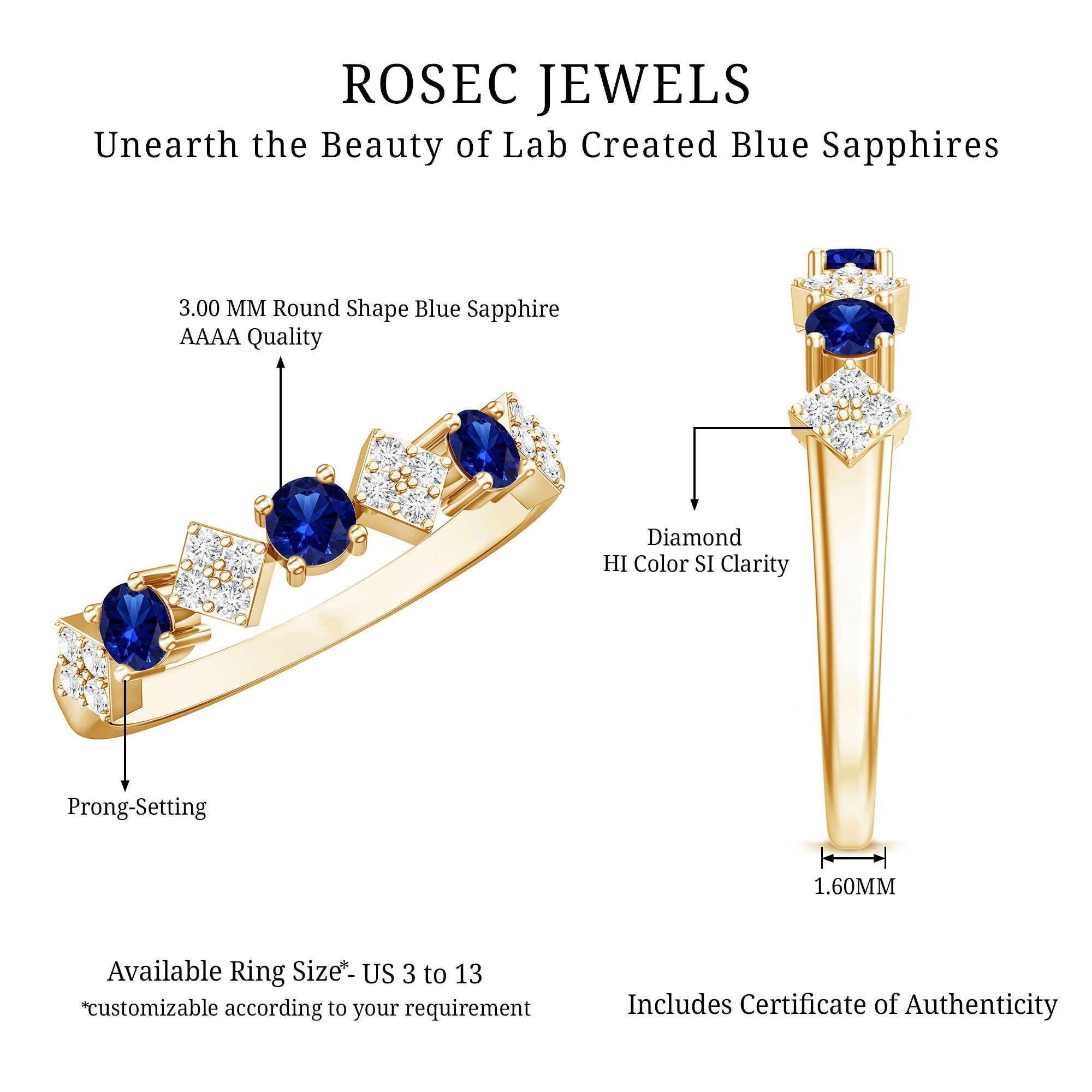 Certified Lab Grown Blue Sapphire Diamond Half Eternity Ring for Women AAAA - Rosec Jewels