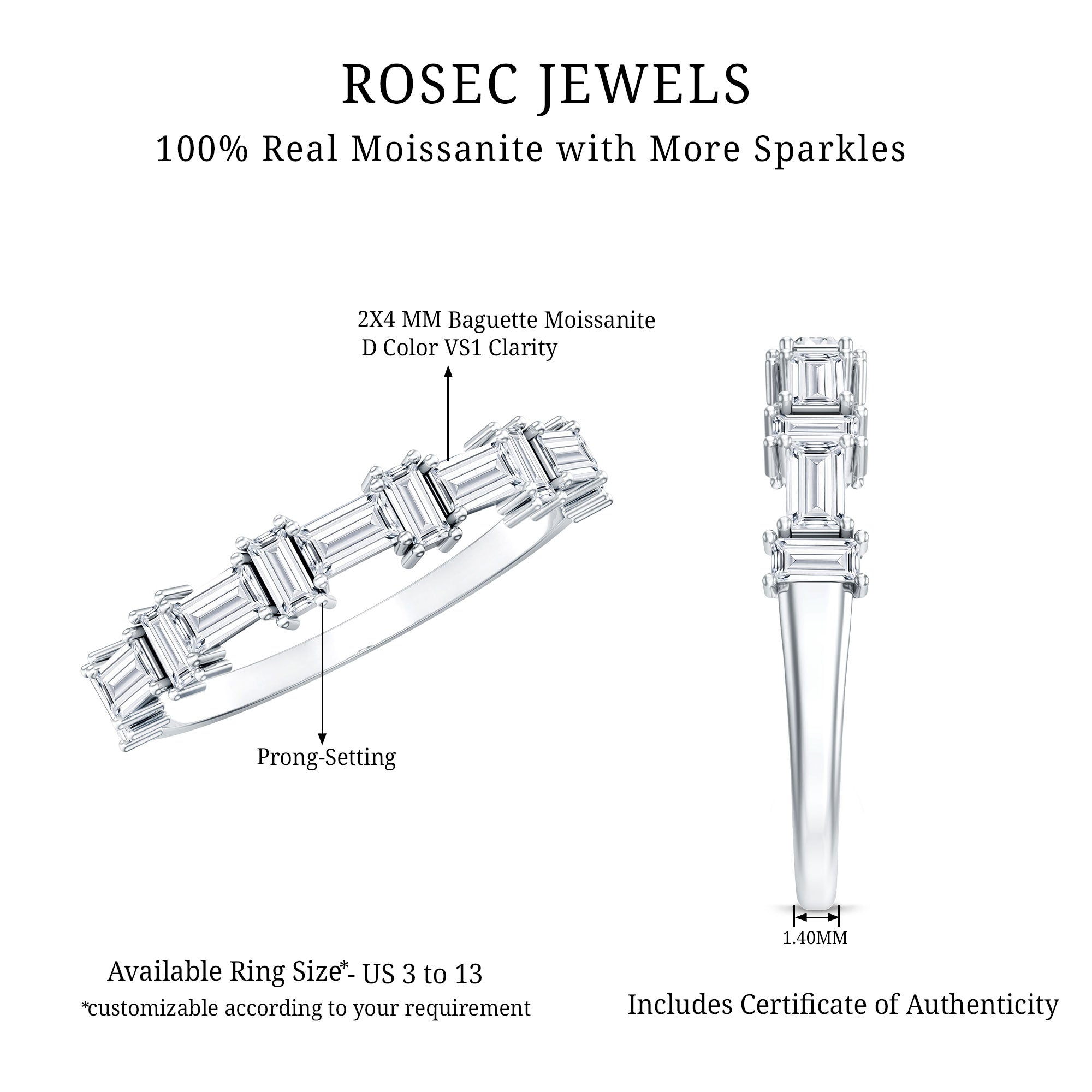 Baguette Cut Moissanite Designer Half Eternity Ring D-VS1 - Rosec Jewels