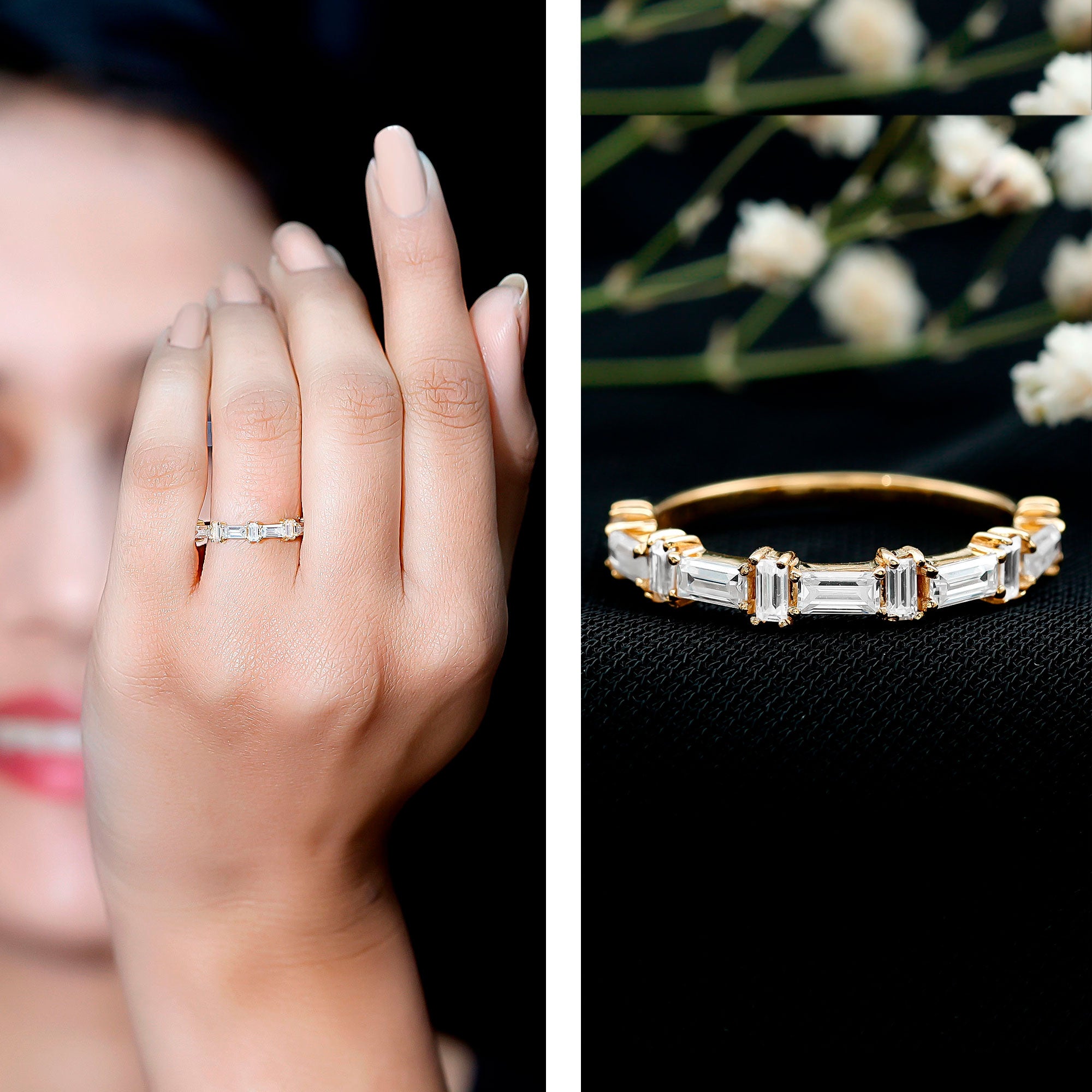 Baguette Cut Moissanite Designer Half Eternity Ring D-VS1 - Rosec Jewels