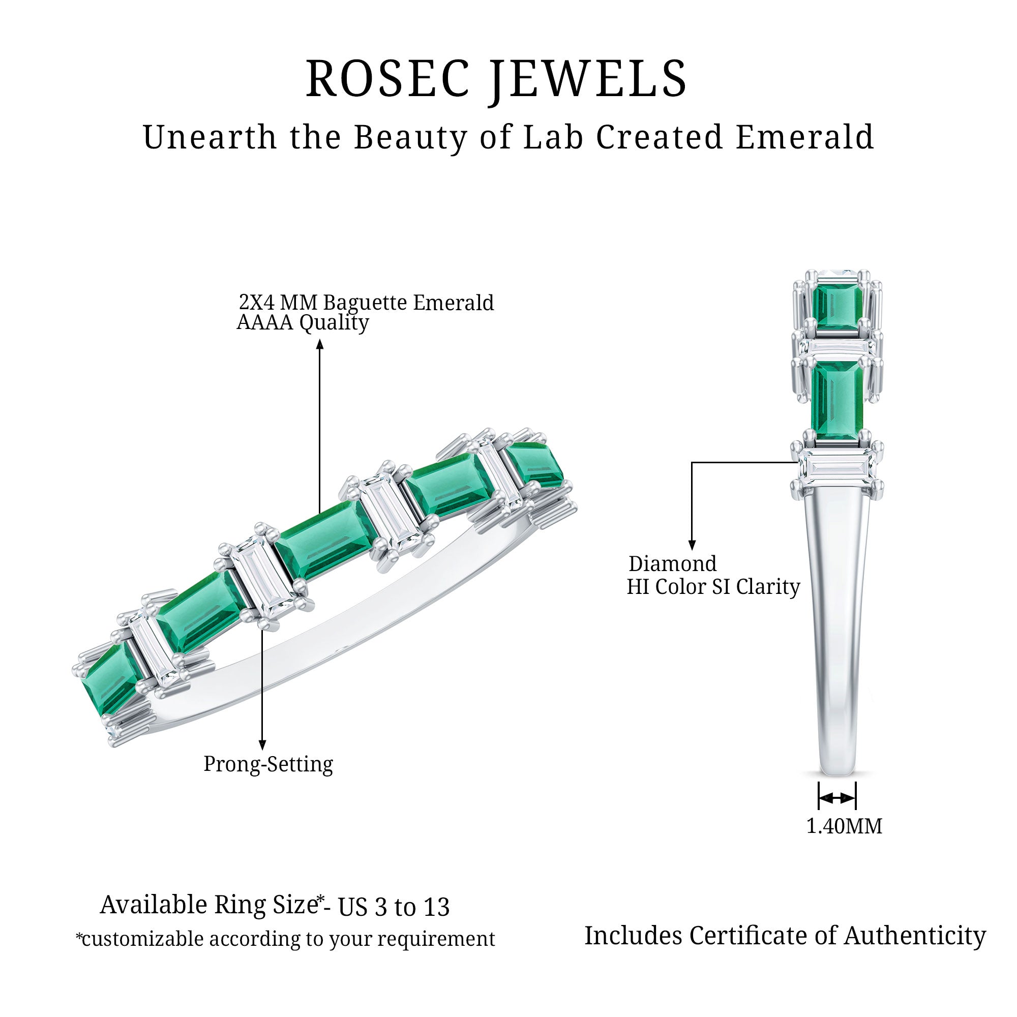Certified Baguette Lab Grown Emerald Diamond Half Eternity Ring AAAA - Rosec Jewels