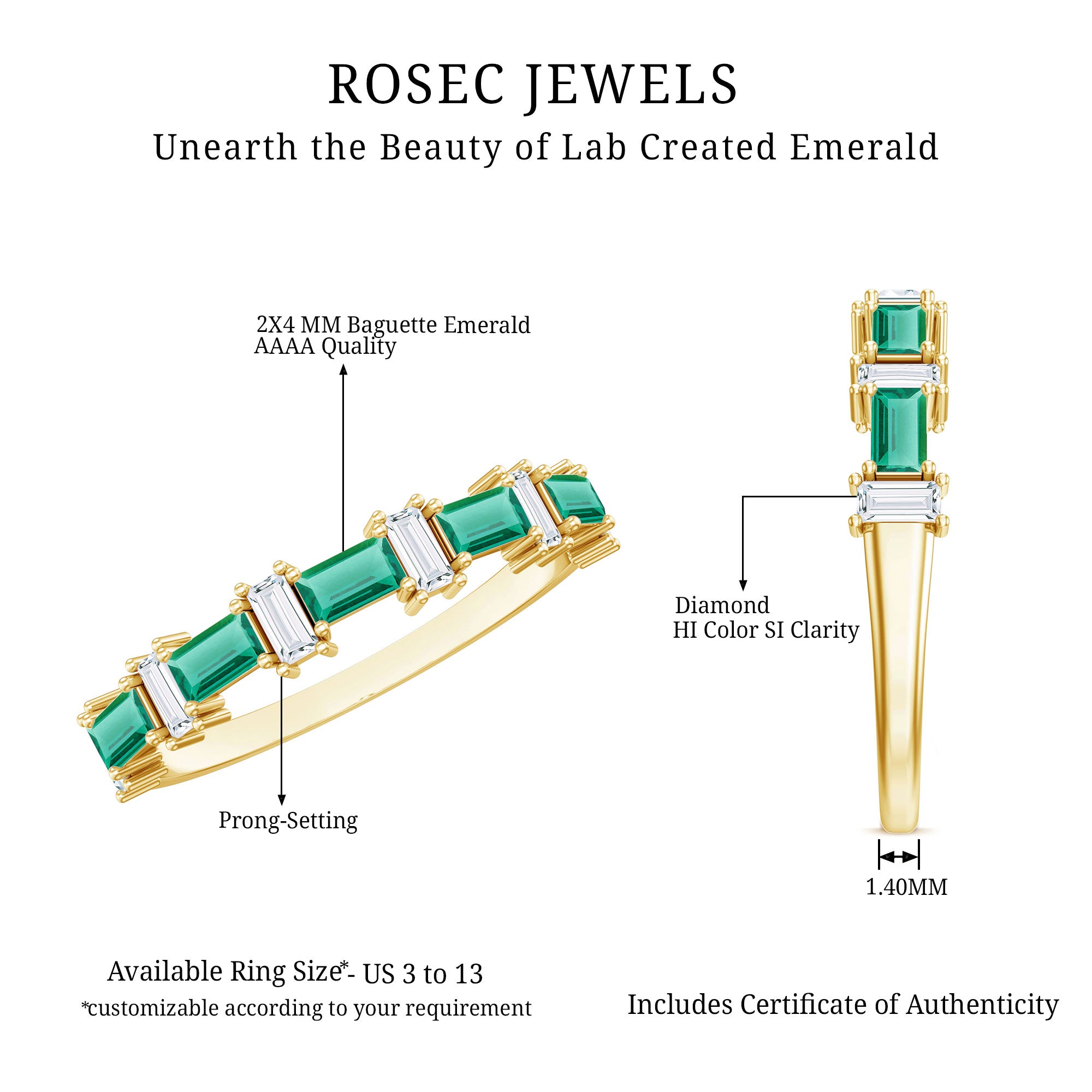 Certified Baguette Lab Grown Emerald Diamond Half Eternity Ring AAAA - Rosec Jewels