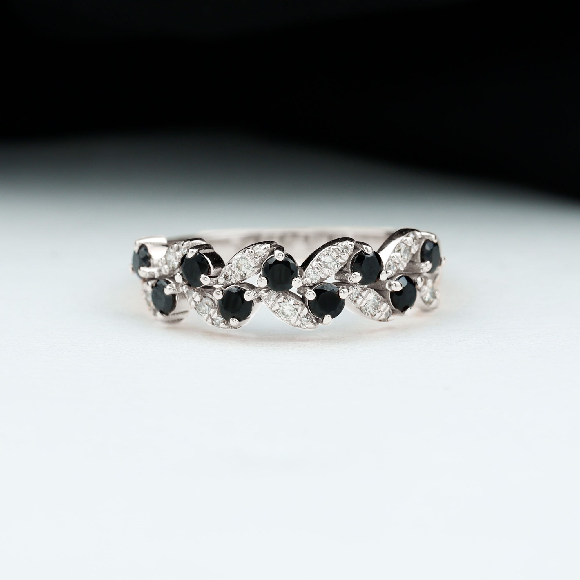 Rosec Jewels-Black Onyx and Diamond Half Eternity Leaf Band for Women