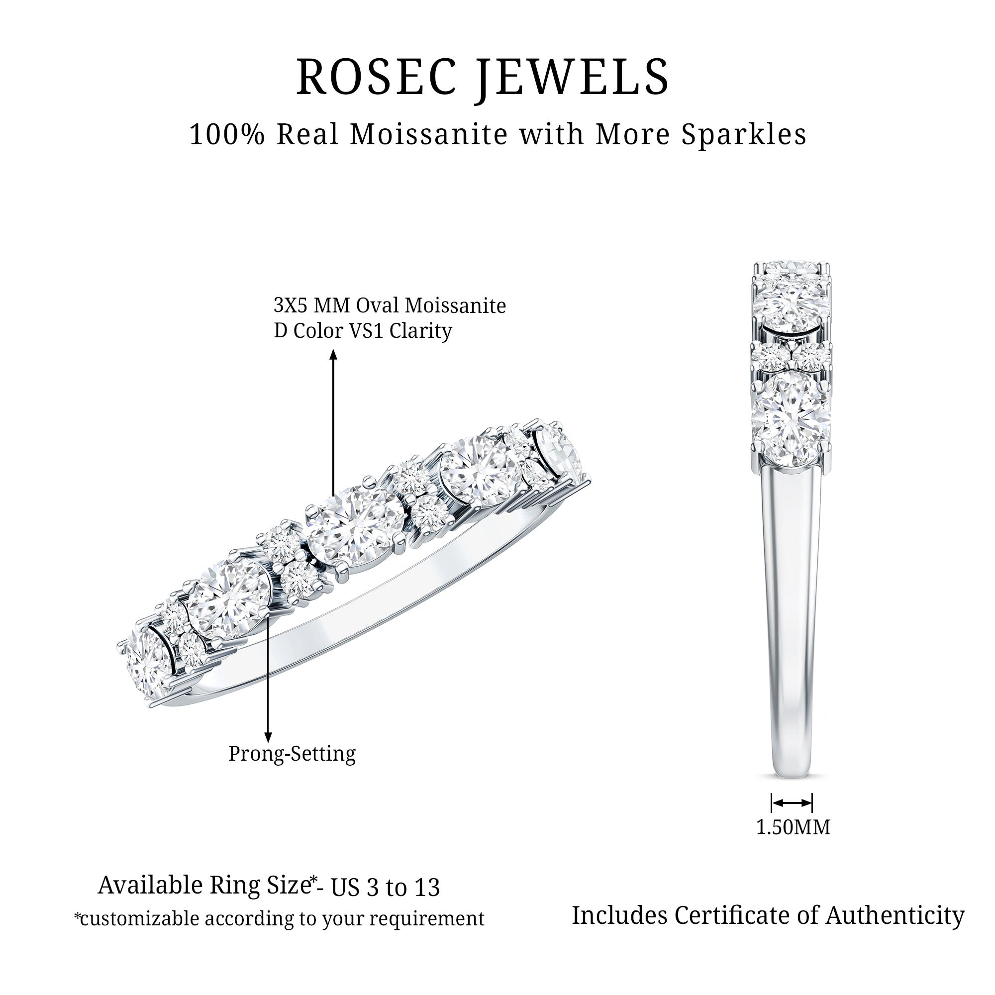 Certified Moissanite East West Eternity Band D-VS1 - Rosec Jewels