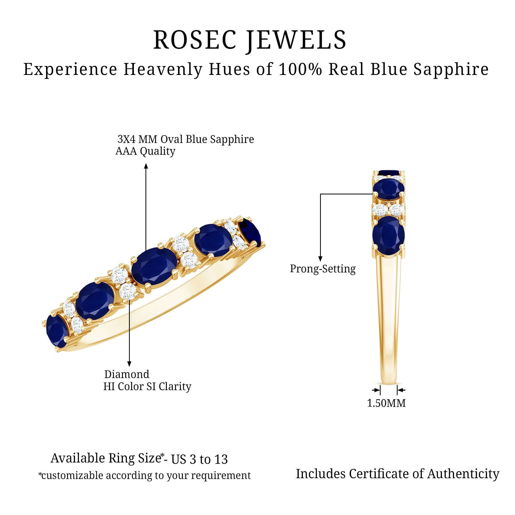 Natural 0.8 Carat Oval Blue Sapphire and Diamond Half Eternity Wedding Band AAA - Rosec Jewels