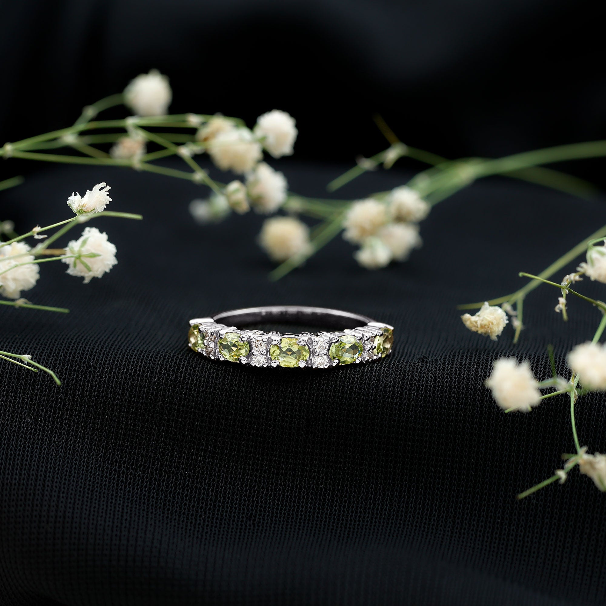 Natural Oval Peridot Diamond Half Eternity Ring in East West Style AAA - Rosec Jewels