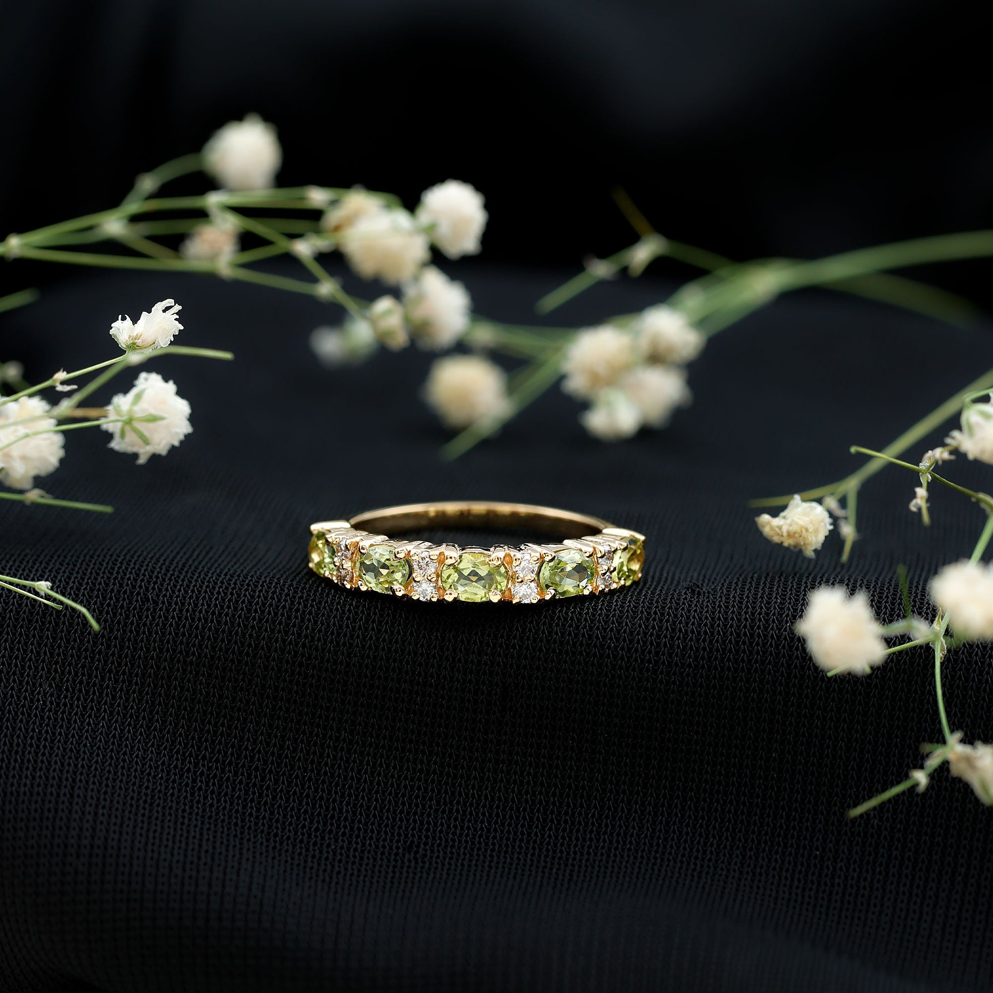 Natural Oval Peridot Diamond Half Eternity Ring in East West Style AAA - Rosec Jewels