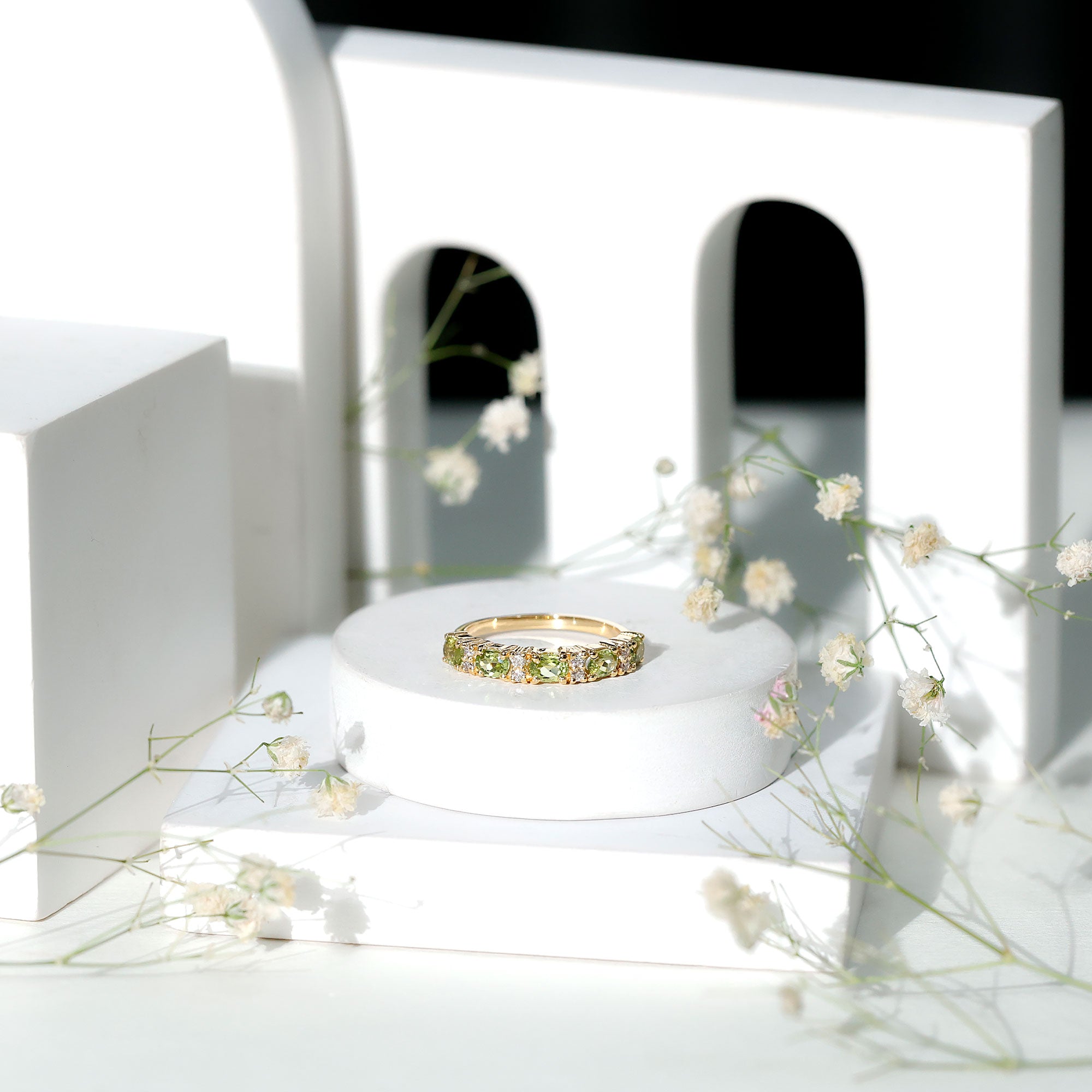Natural Oval Peridot Diamond Half Eternity Ring in East West Style AAA - Rosec Jewels