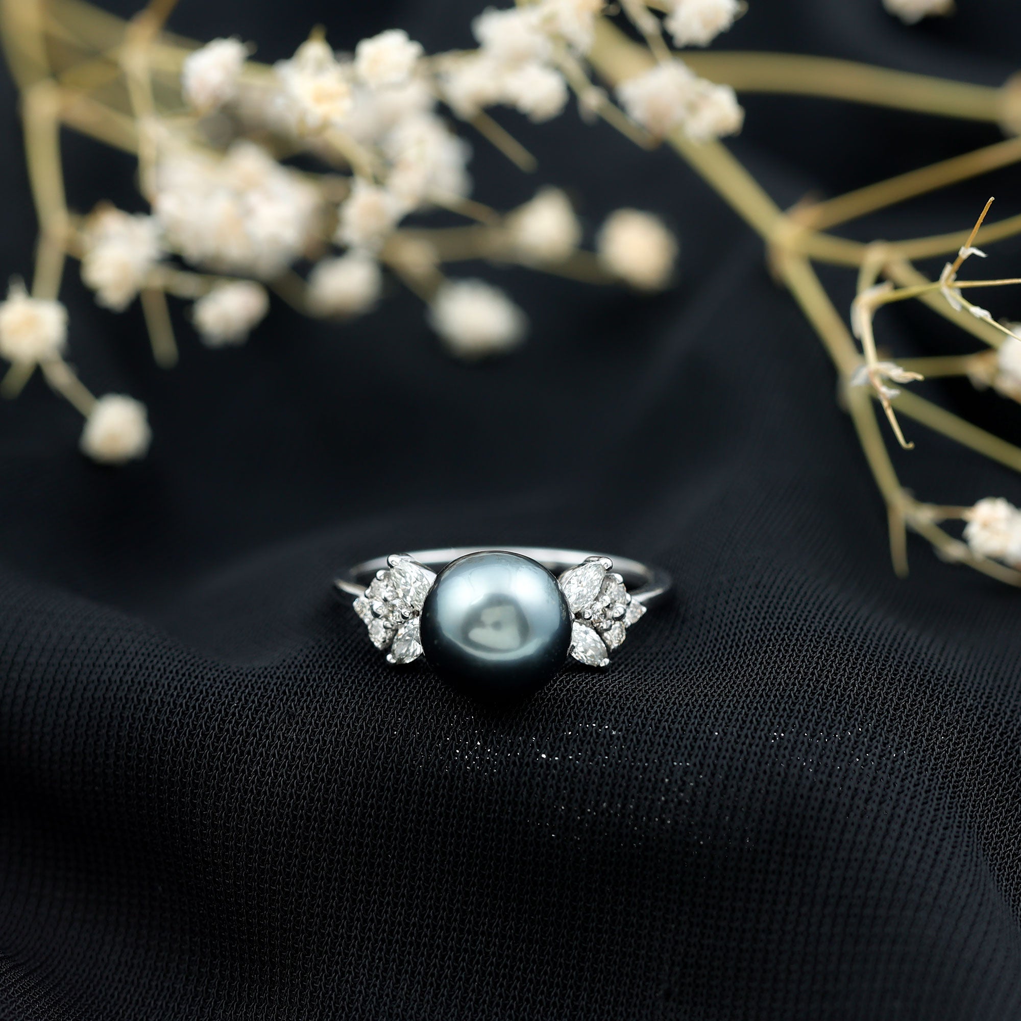 Nature Inspired Tahitian Pearl Engagement Ring with Diamond AAA - Rosec Jewels