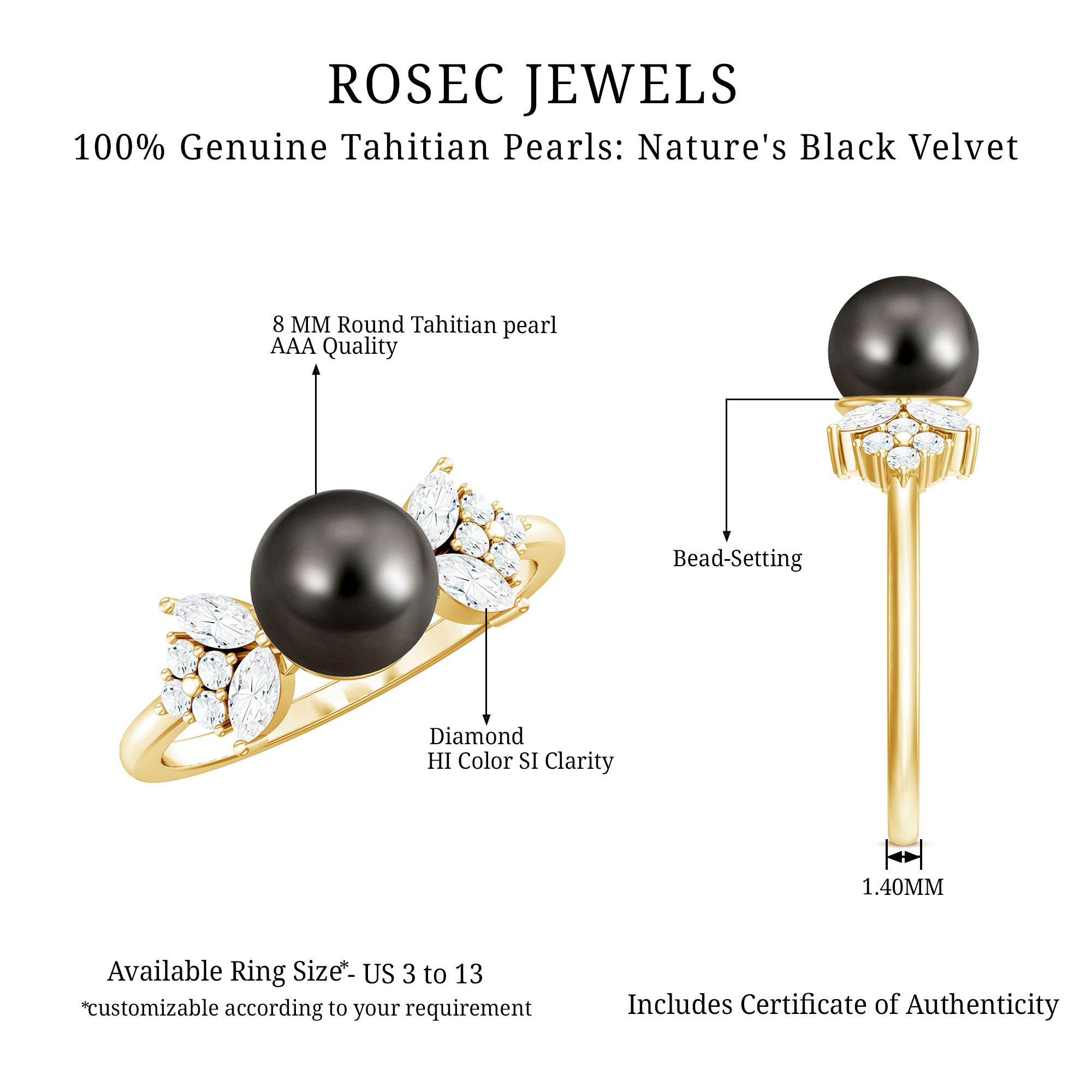 Nature Inspired Tahitian Pearl Engagement Ring with Diamond AAA - Rosec Jewels