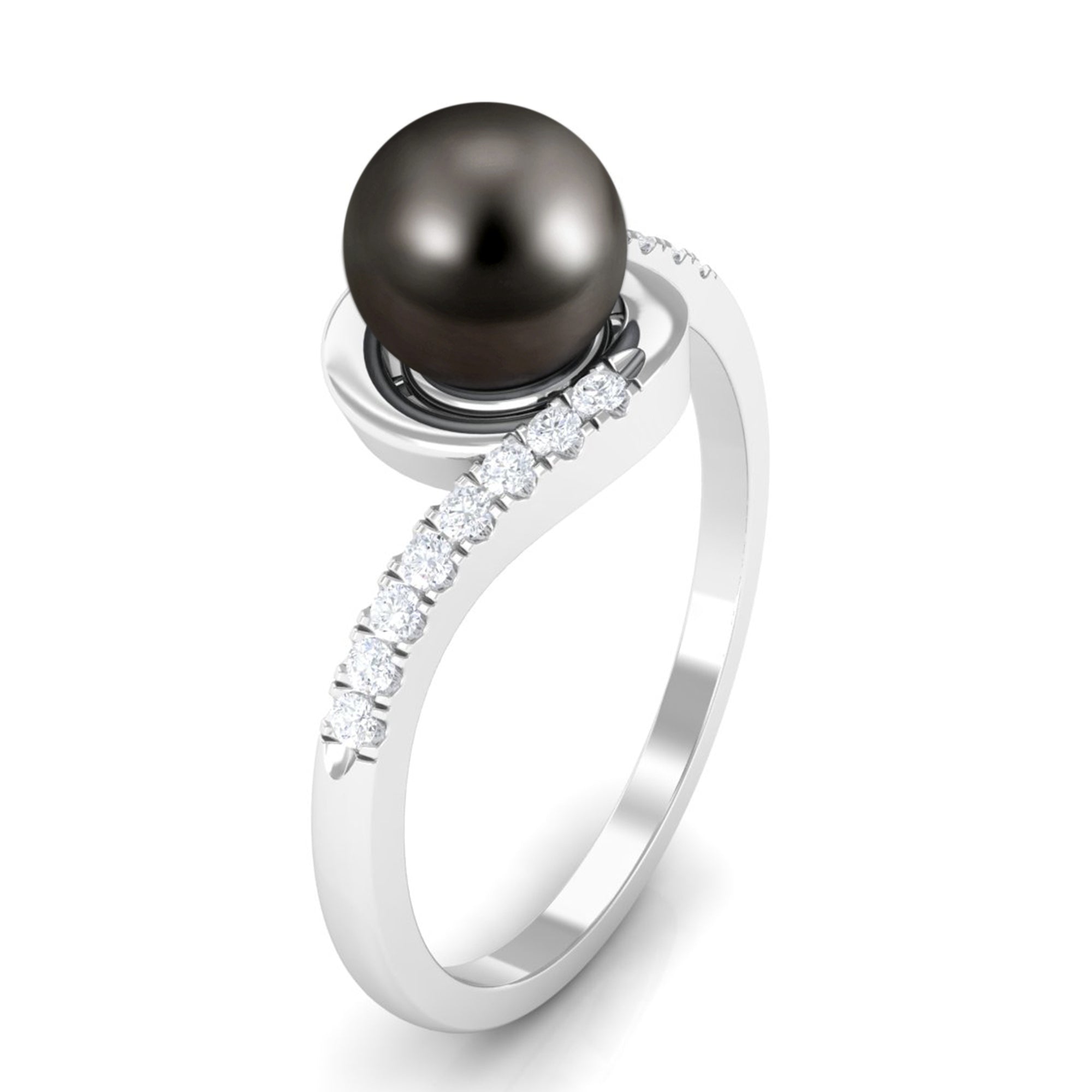 Solitaire Tahitian Pearl Bypass Engagement Ring with Diamond AAA - Rosec Jewels
