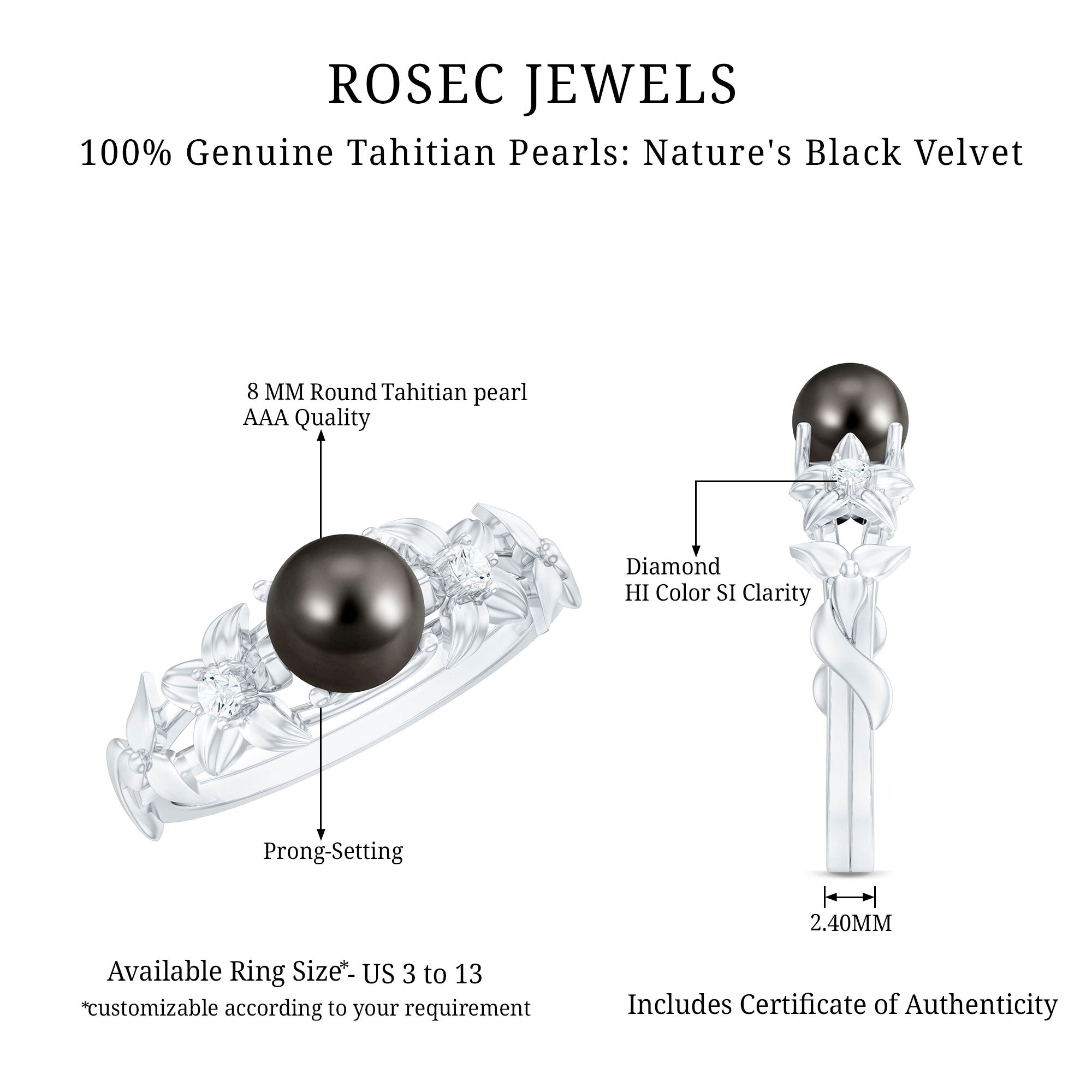 Genuine 8 Carat Tahitian Black Pearl Flower Engagement Ring with Diamond AAA - Rosec Jewels