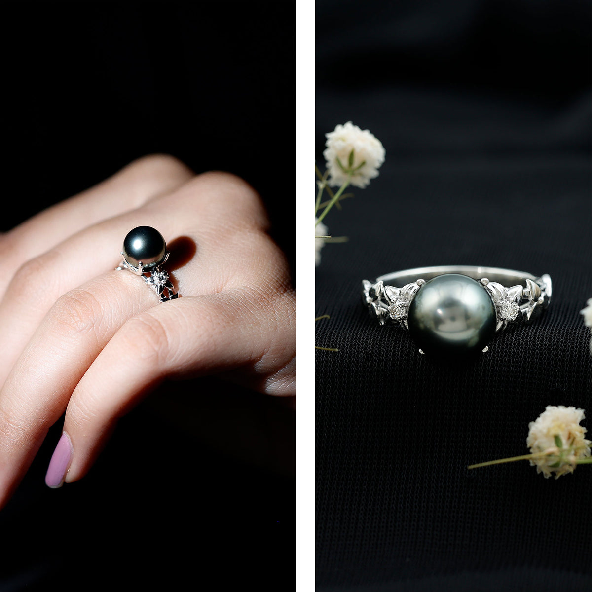 7.5 Carat Genuine Tahitian Black Pearl Flower Engagement Ring with Diamond AAA - Rosec Jewels