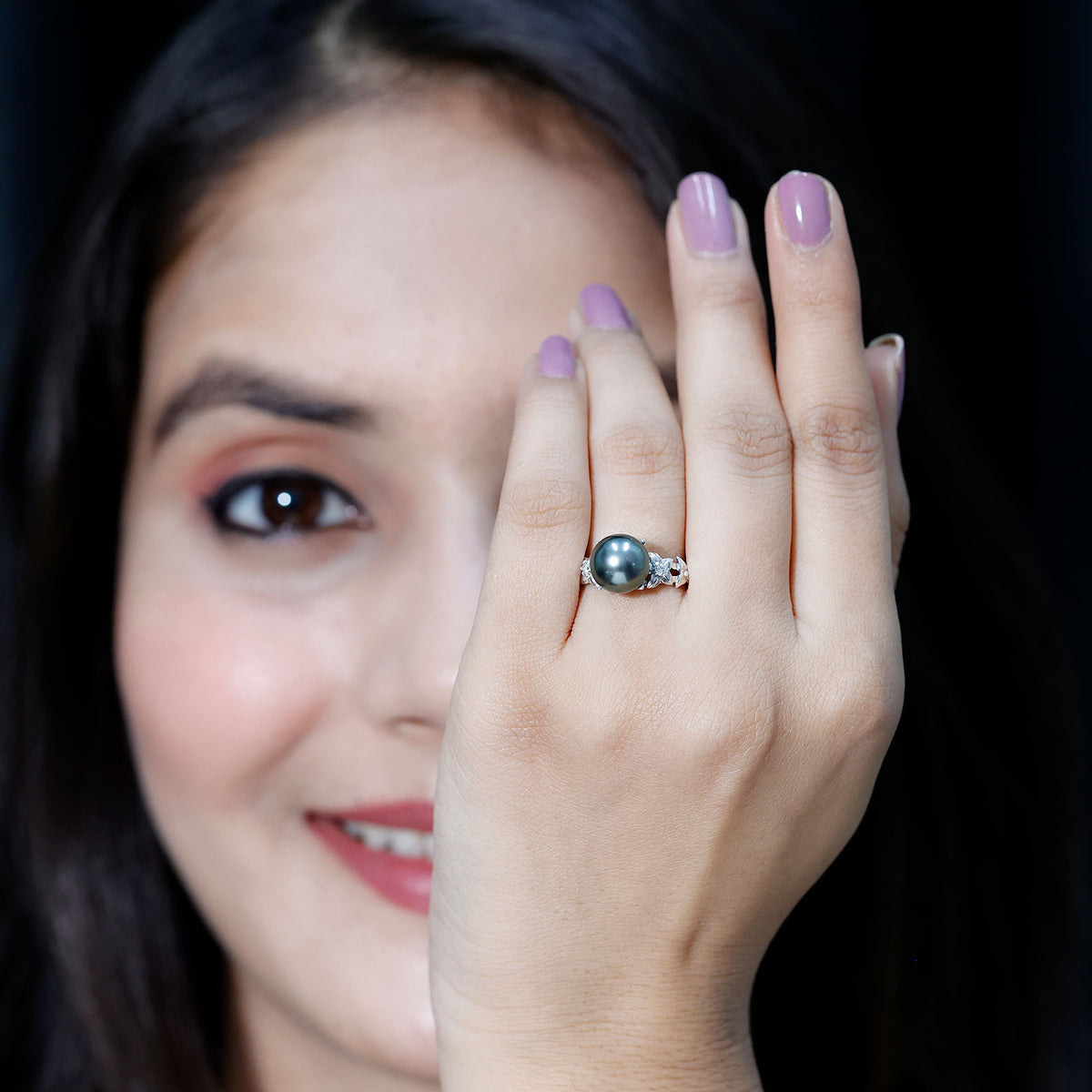 7.5 Carat Genuine Tahitian Black Pearl Flower Engagement Ring with Diamond AAA - Rosec Jewels