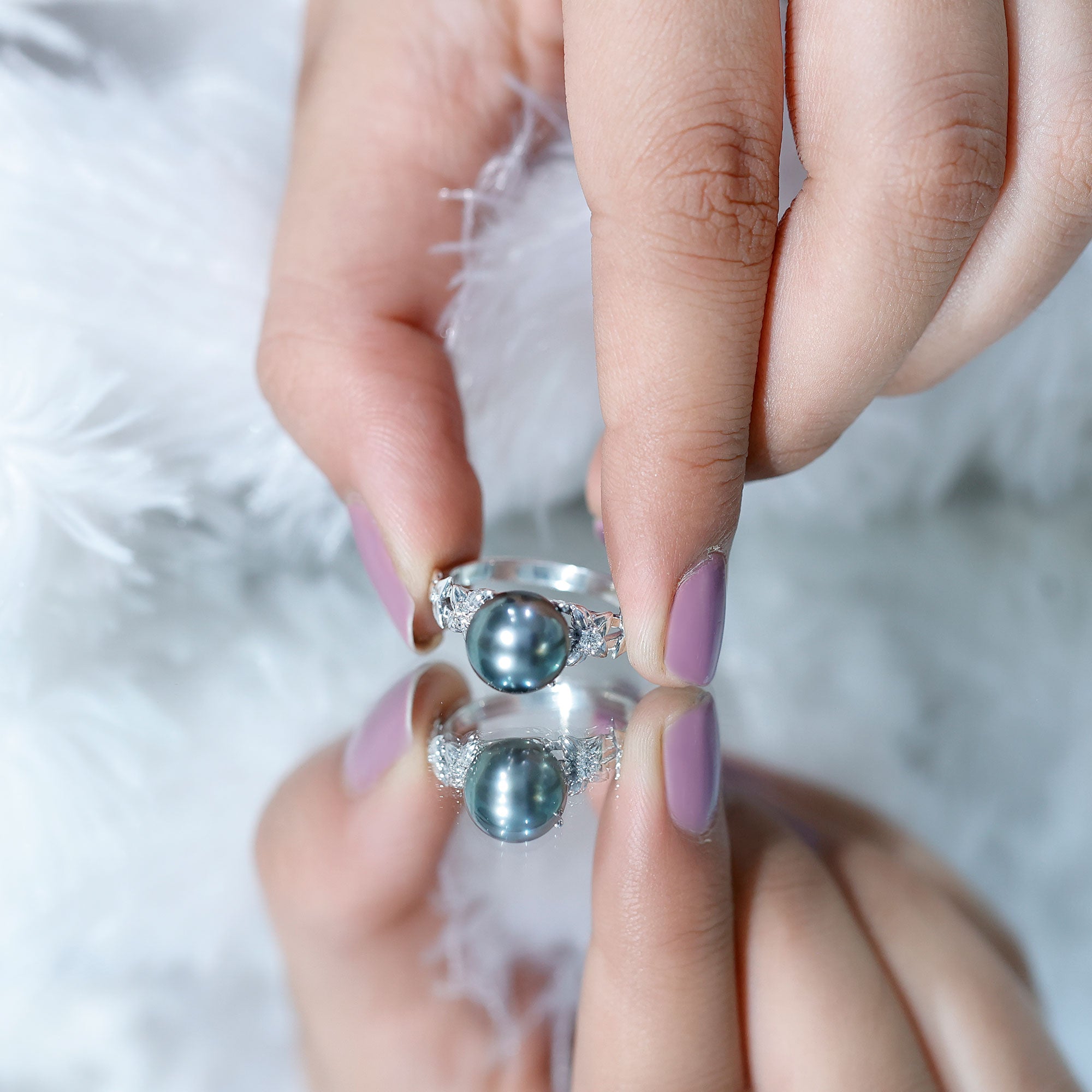 Genuine 8 Carat Tahitian Black Pearl Flower Engagement Ring with Diamond AAA - Rosec Jewels