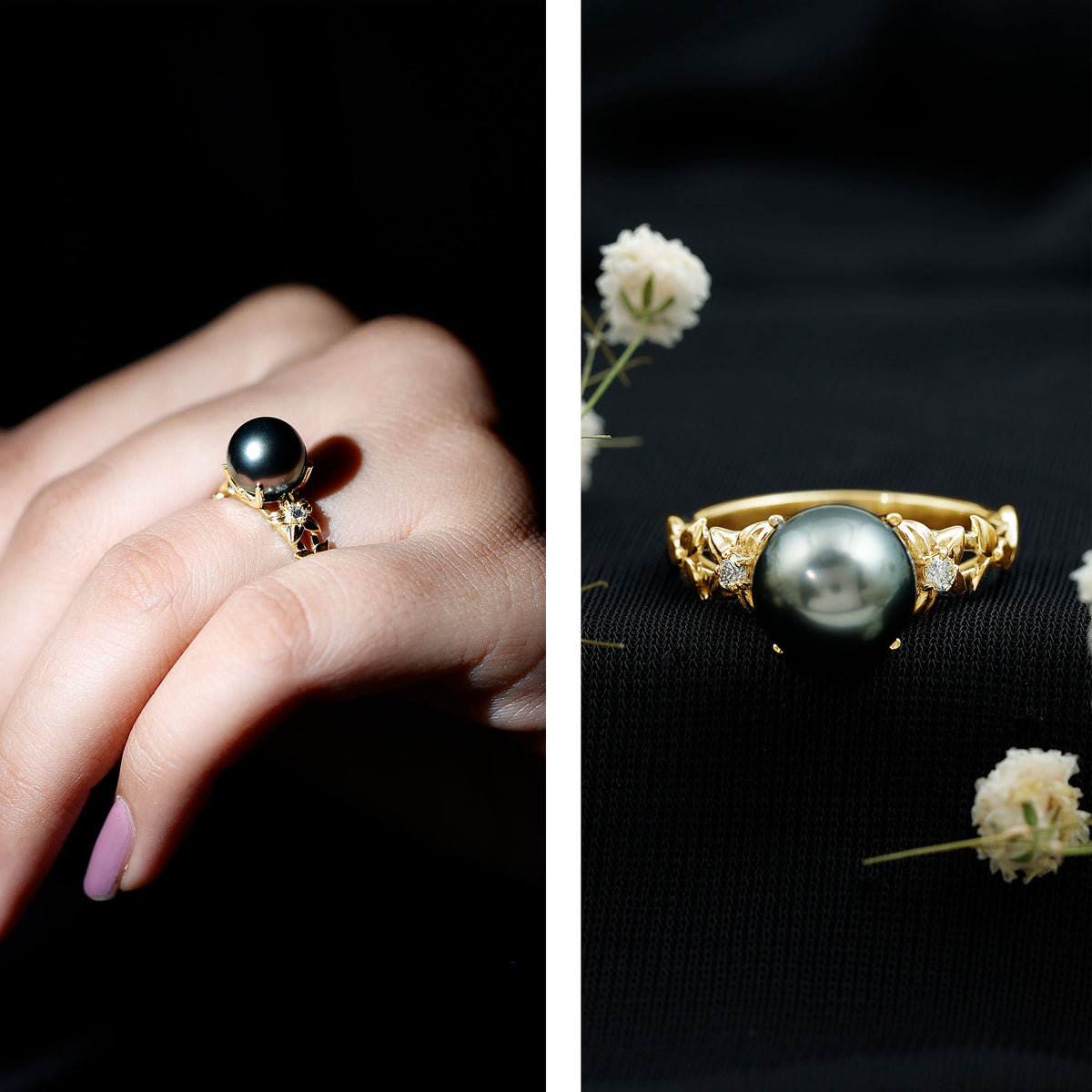 7.5 Carat Genuine Tahitian Black Pearl Flower Engagement Ring with Diamond AAA - Rosec Jewels