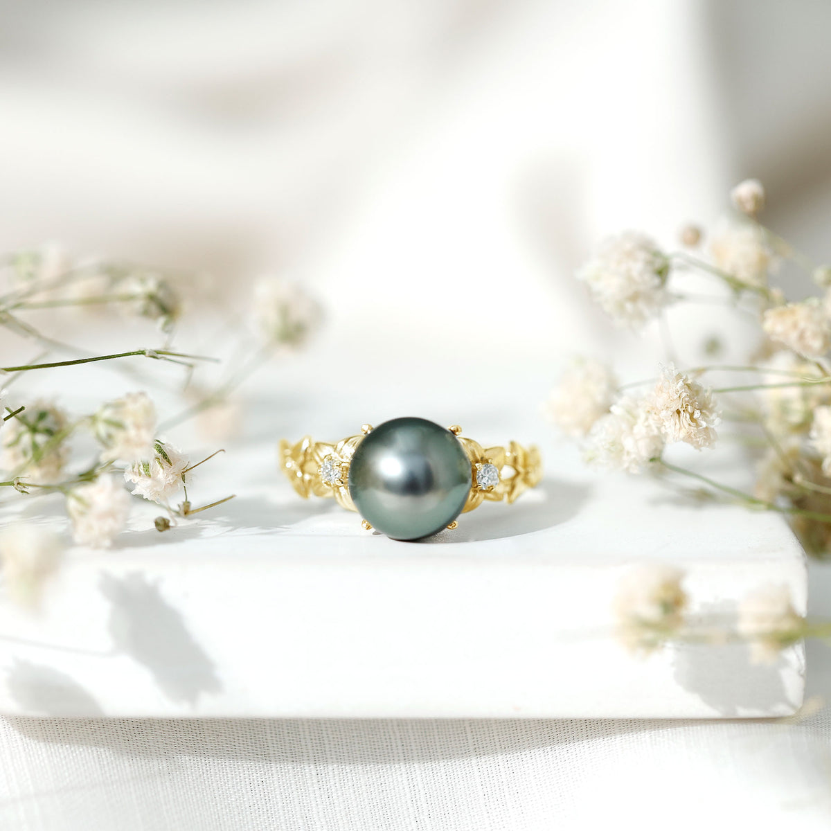 7.5 Carat Genuine Tahitian Black Pearl Flower Engagement Ring with Diamond AAA - Rosec Jewels