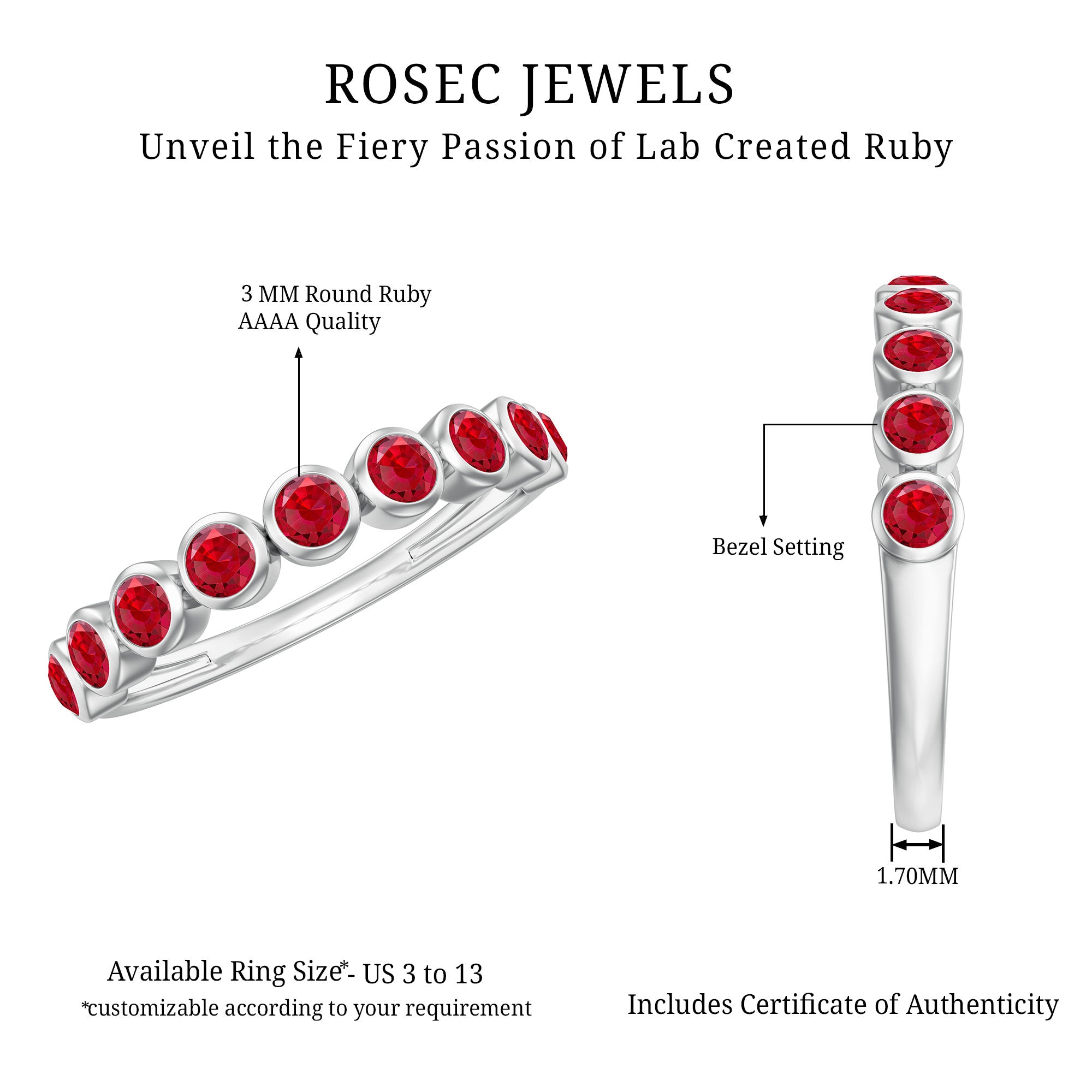 Rosec Jewels-Minimal Created Ruby Half Eternity Ring in Bezel Setting