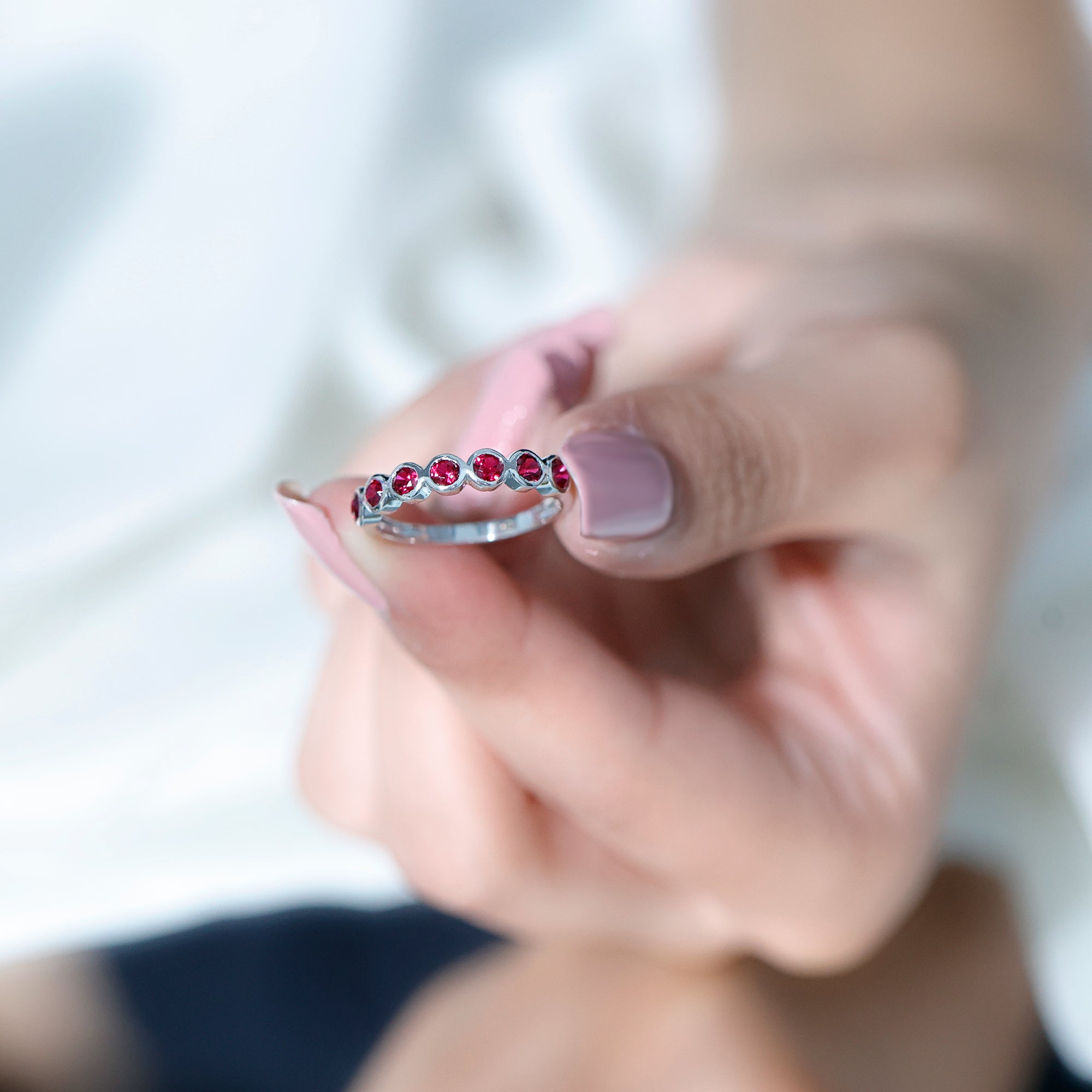 Rosec Jewels-Minimal Created Ruby Half Eternity Ring in Bezel Setting