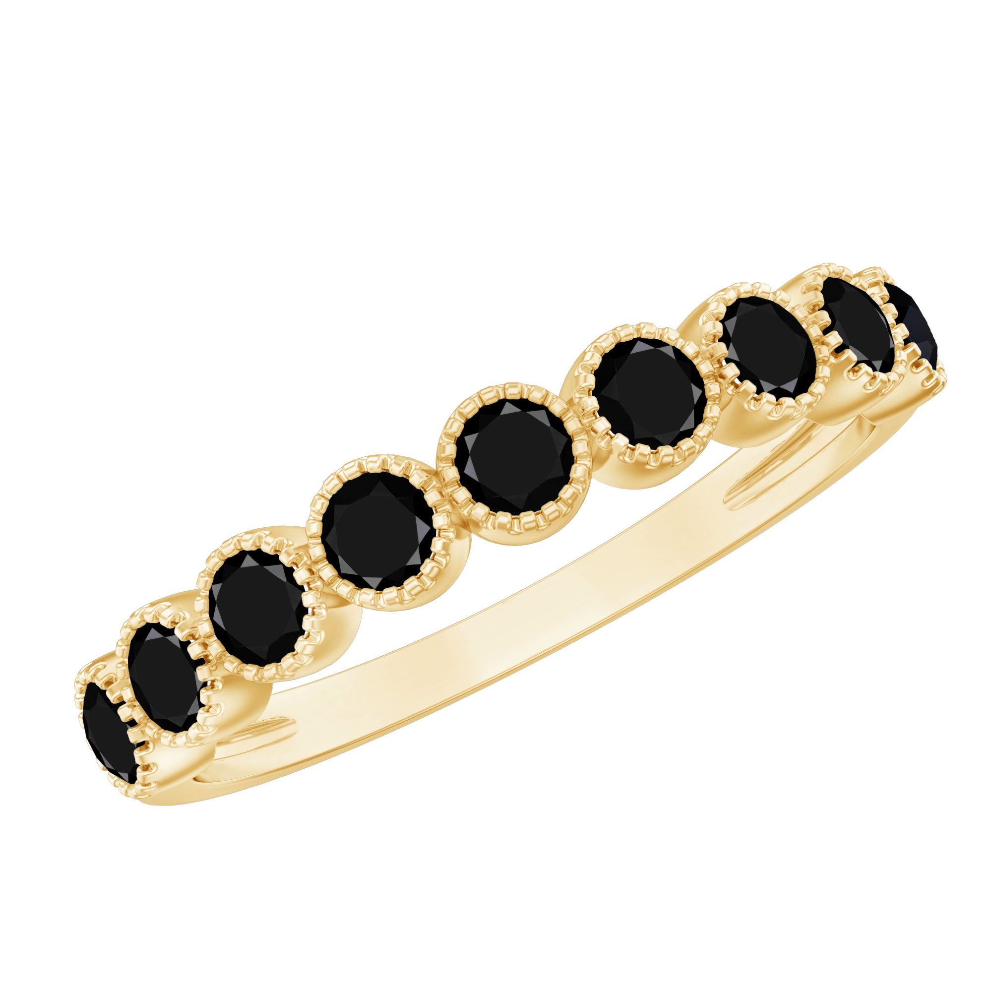 Beaded Bezel Set Black Onyx Half Eternity Wedding Band AAA - Rosec Jewels