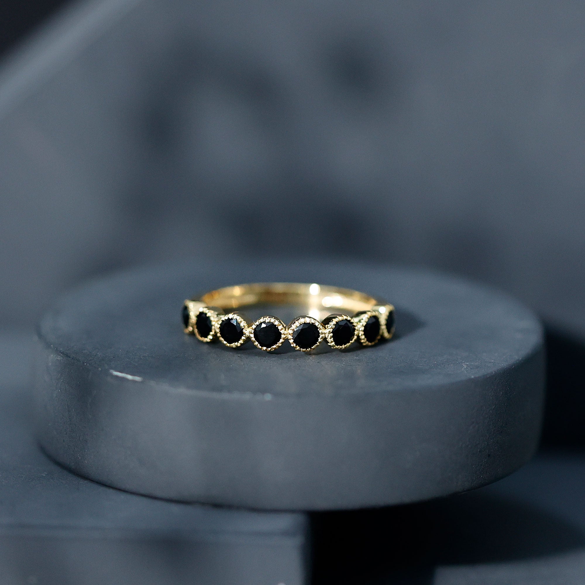 Beaded Bezel Set Black Onyx Half Eternity Wedding Band AAA - Rosec Jewels