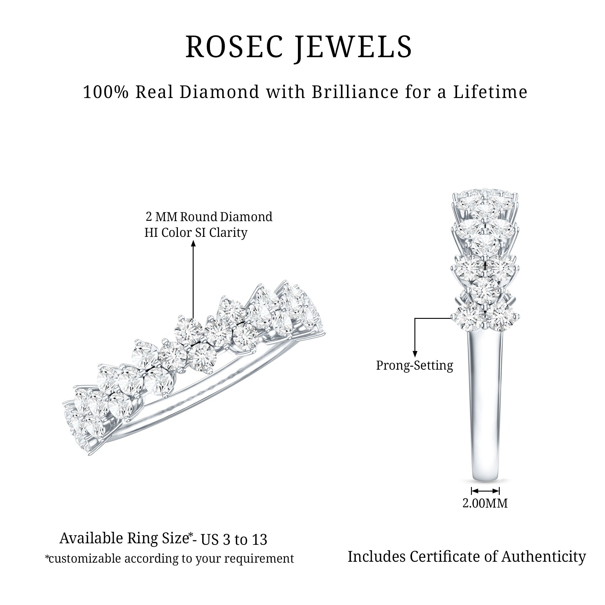 Natural Diamond Half Eternity Wedding Band with Certificate Natural - ( HI-SI ) - Rosec Jewels