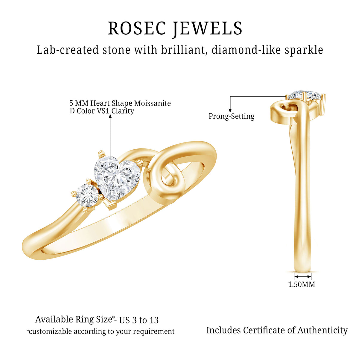 Certified Moissanite Heart Promise Ring with Twisted Shank D-VS1 - Rosec Jewels