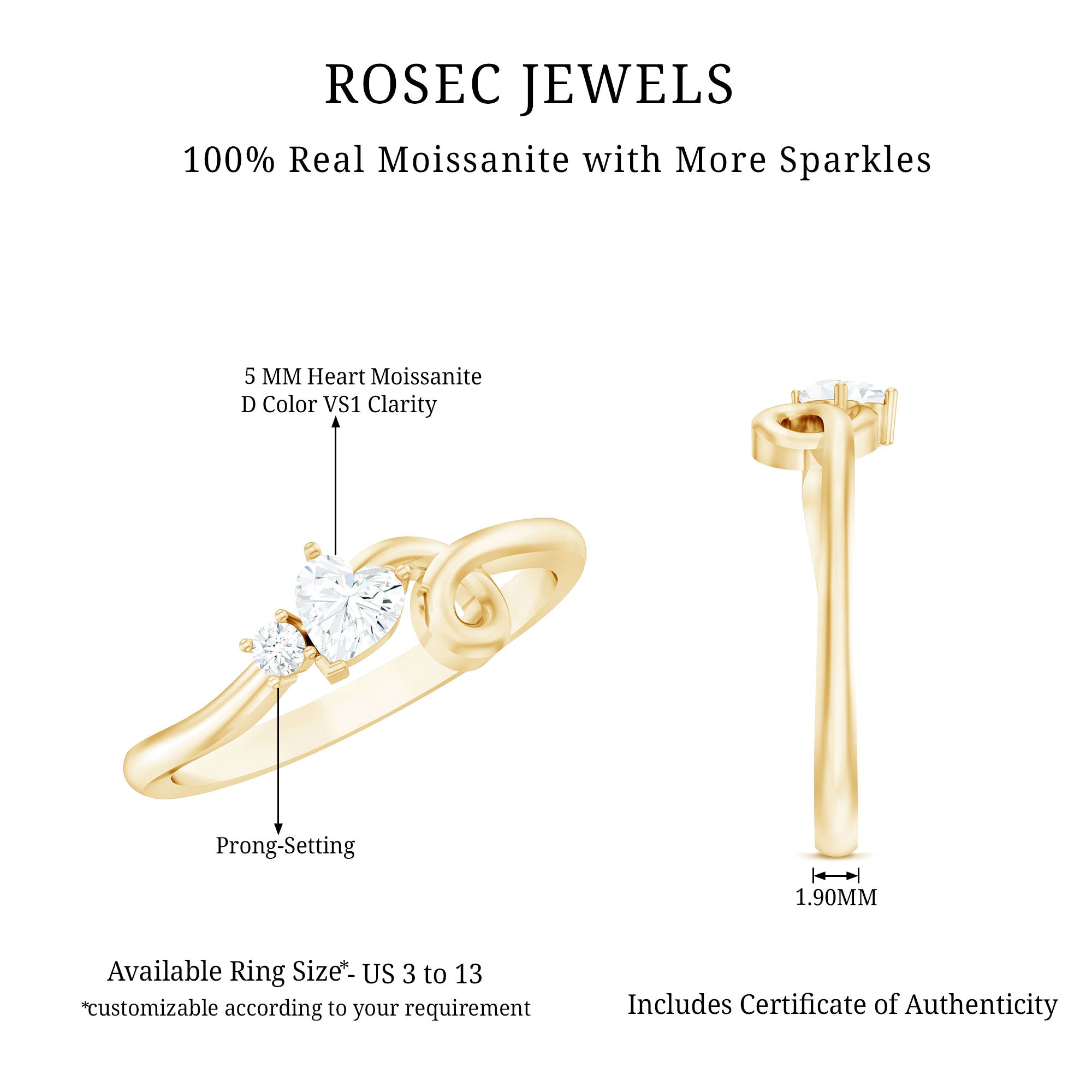 Certified Moissanite Heart Promise Ring with Twisted Shank D-VS1 - Rosec Jewels