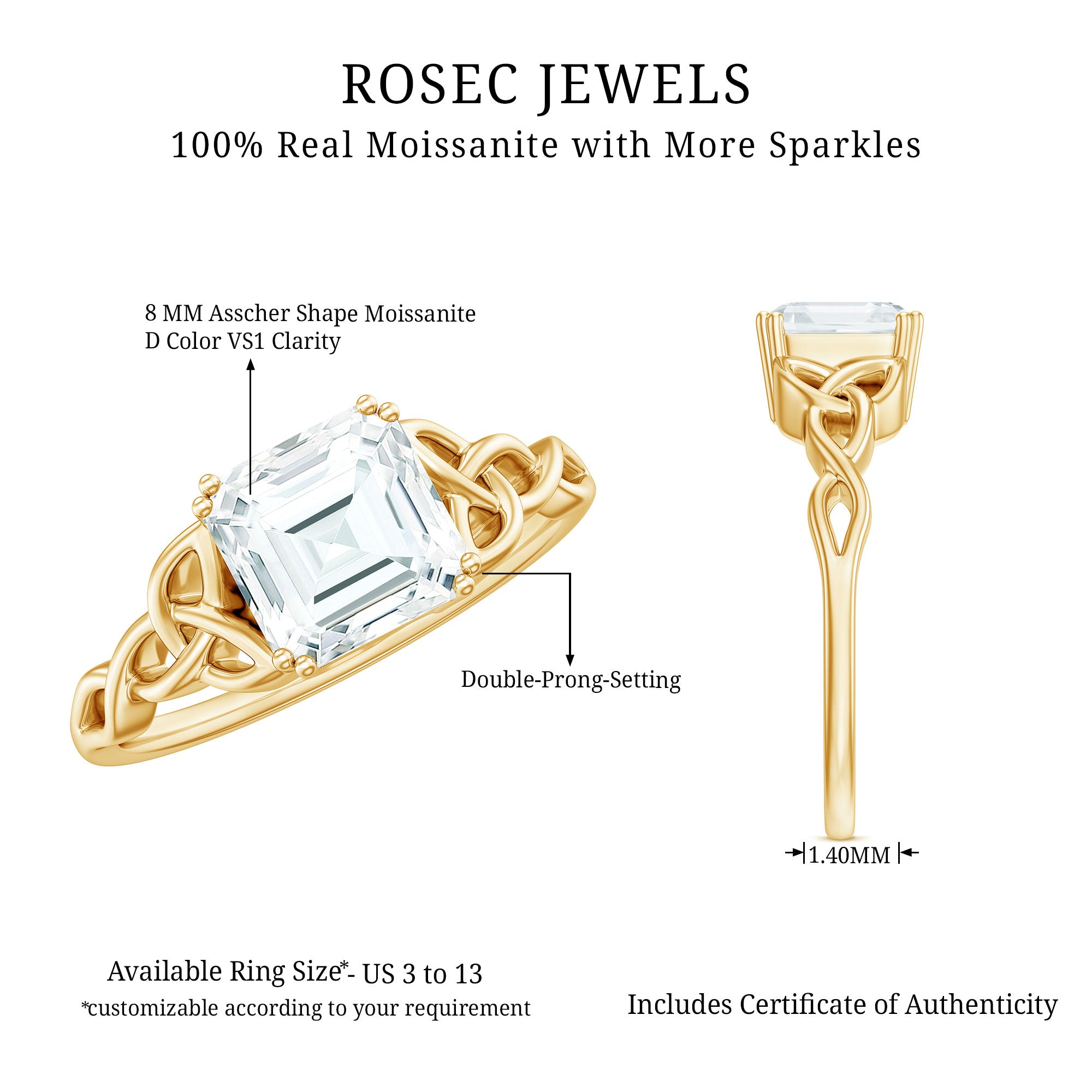 Asscher Cut 8 MM Moissanite Celtic Knot Engagement Ring D-VS1 - Rosec Jewels