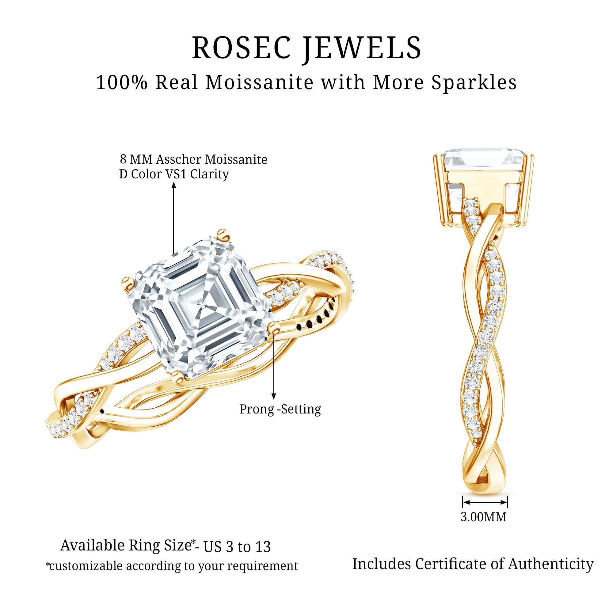 Solitaire Moissanite Asscher Cut Engagement Ring D-VS1 - Rosec Jewels