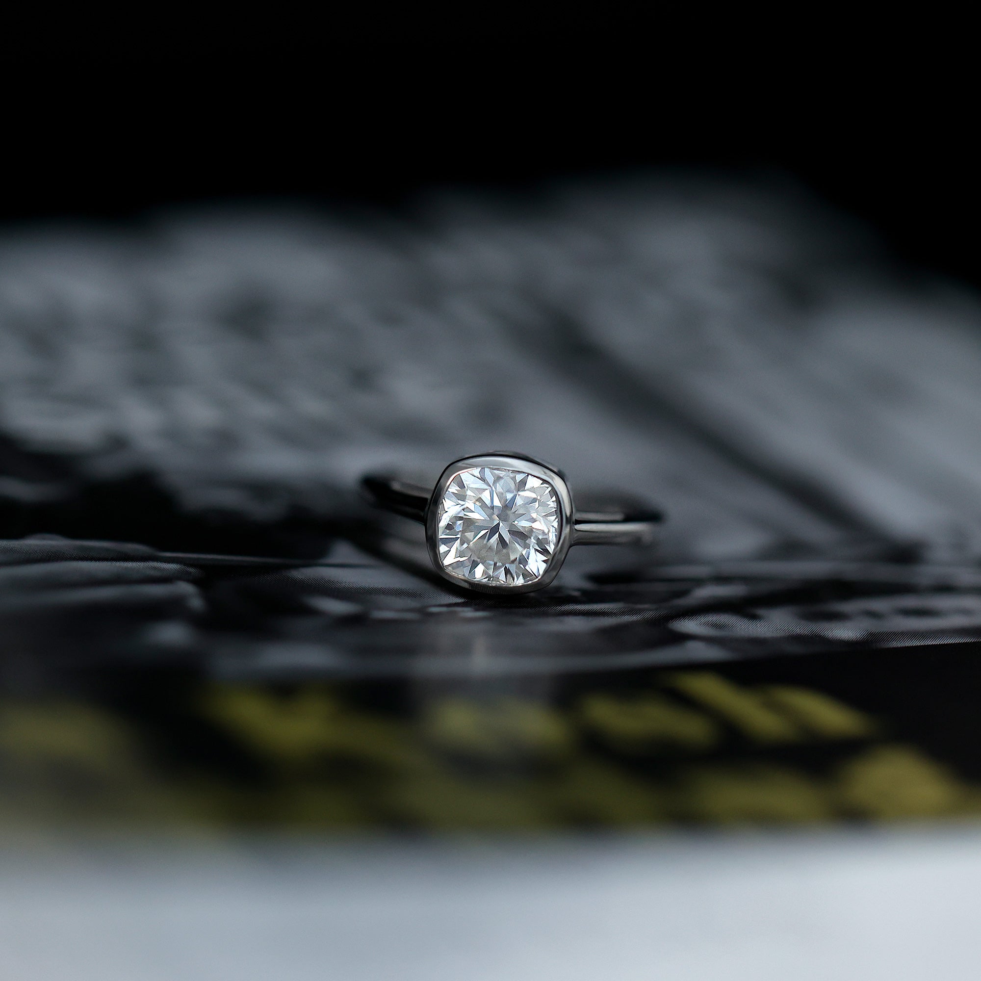 Bezel Set Cushion Cut Moissanite Solitaire Engagement Ring D-VS1 - Rosec Jewels