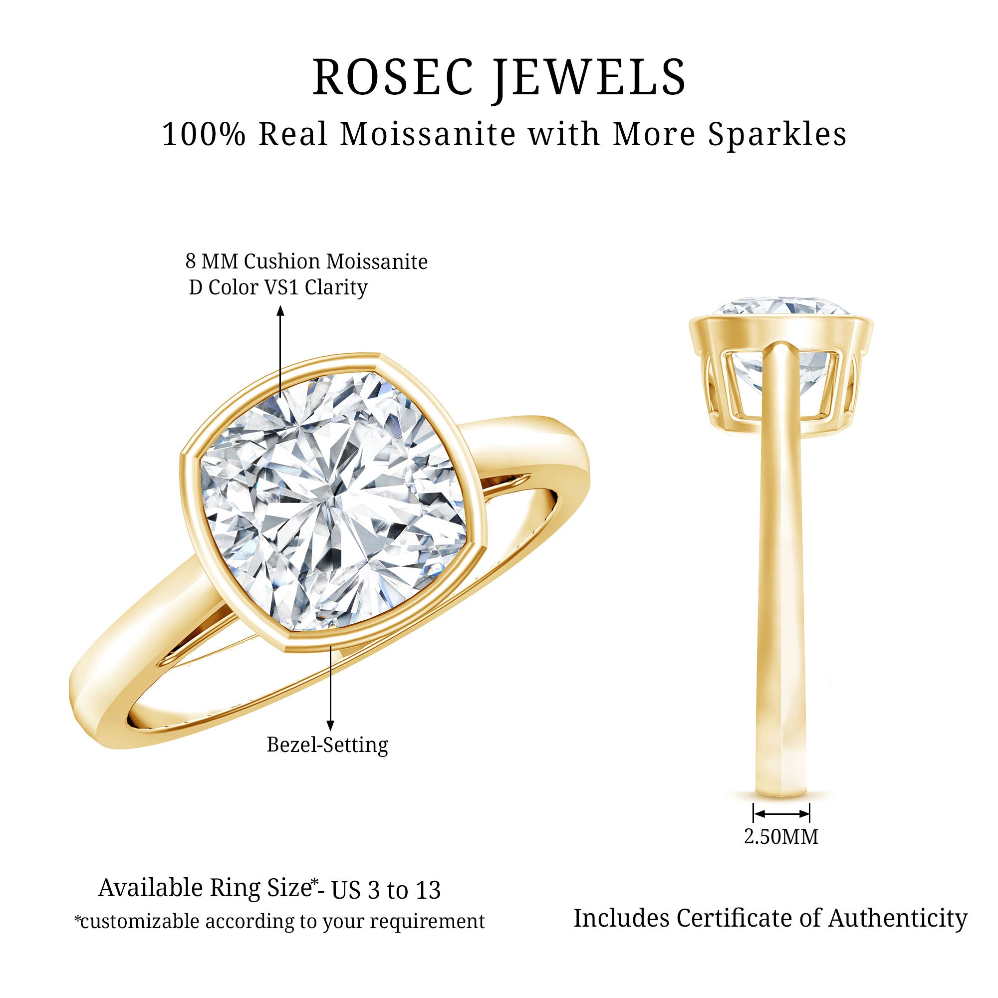 Bezel Set Cushion Cut Moissanite Solitaire Engagement Ring D-VS1 - Rosec Jewels