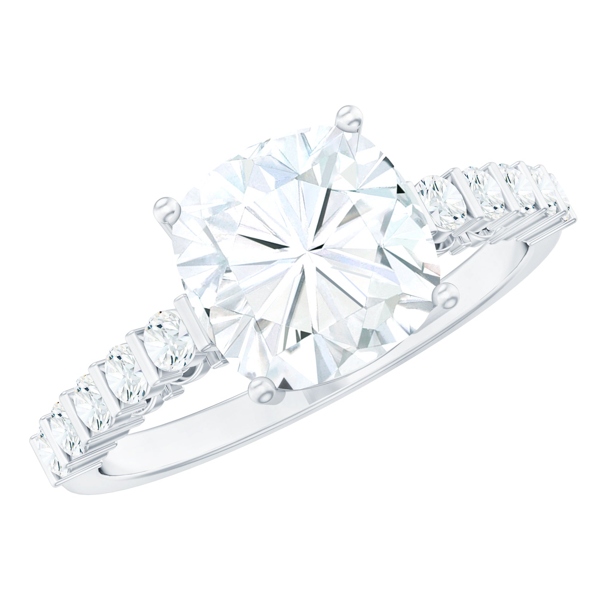 Solitaire Moissanite Cushion Cut Engagement Ring with Side Stones