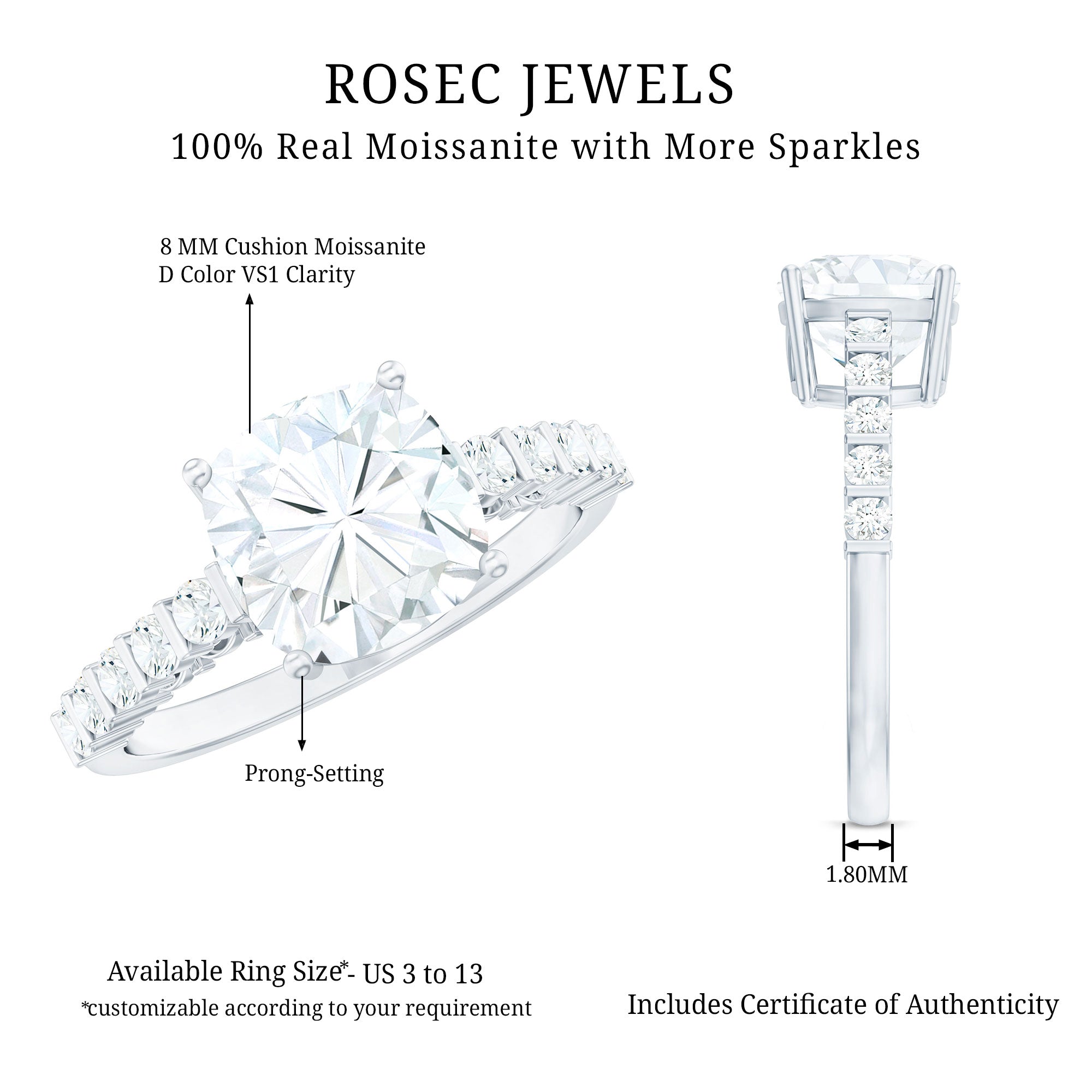 Solitaire Moissanite Cushion Cut Engagement Ring with Side Stones D-VS1 - Rosec Jewels