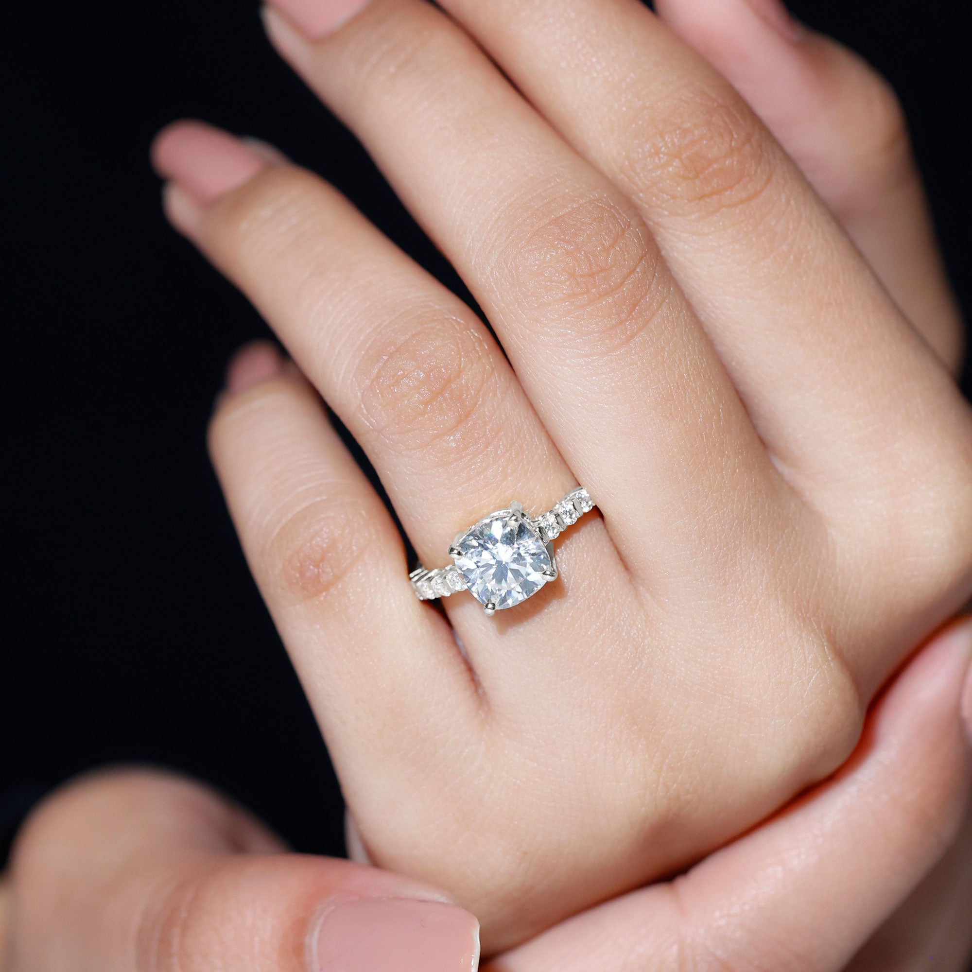 Solitaire Moissanite Cushion Cut Engagement Ring with Side Stones D-VS1 - Rosec Jewels