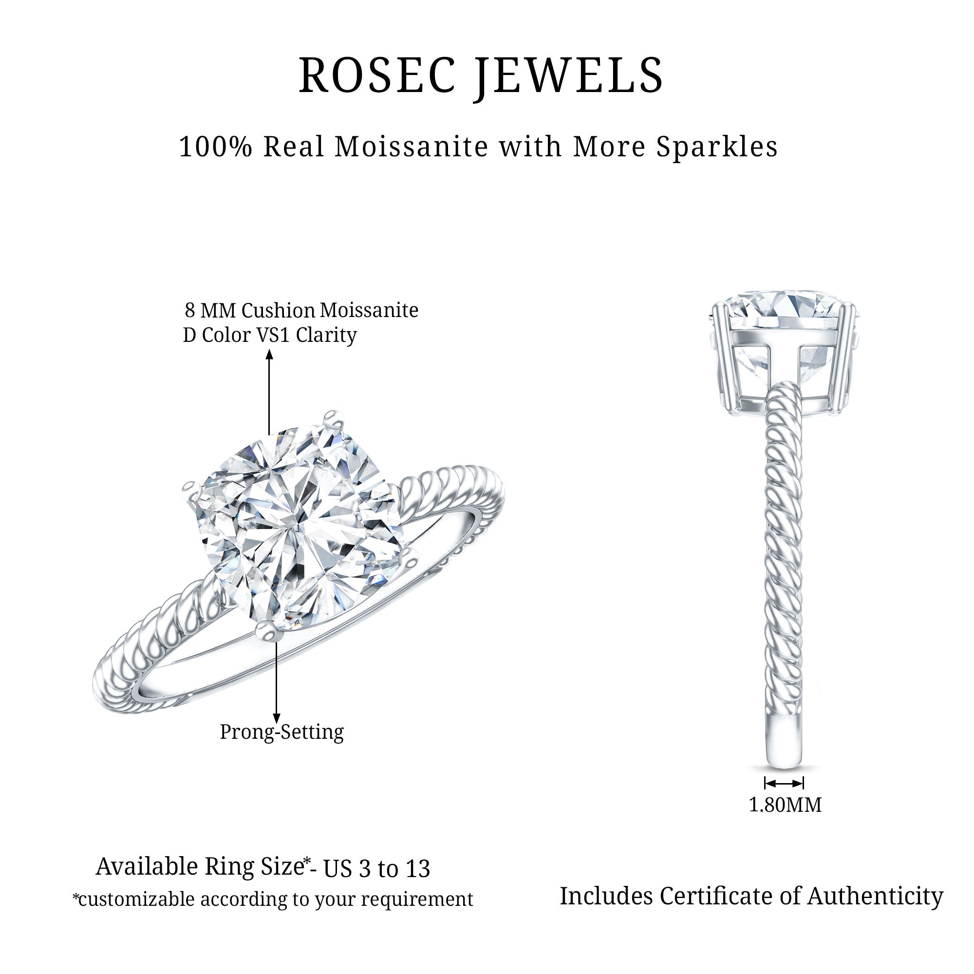 3 CT Certified Moissanite Cushion Cut Engagement Ring D-VS1 - Rosec Jewels
