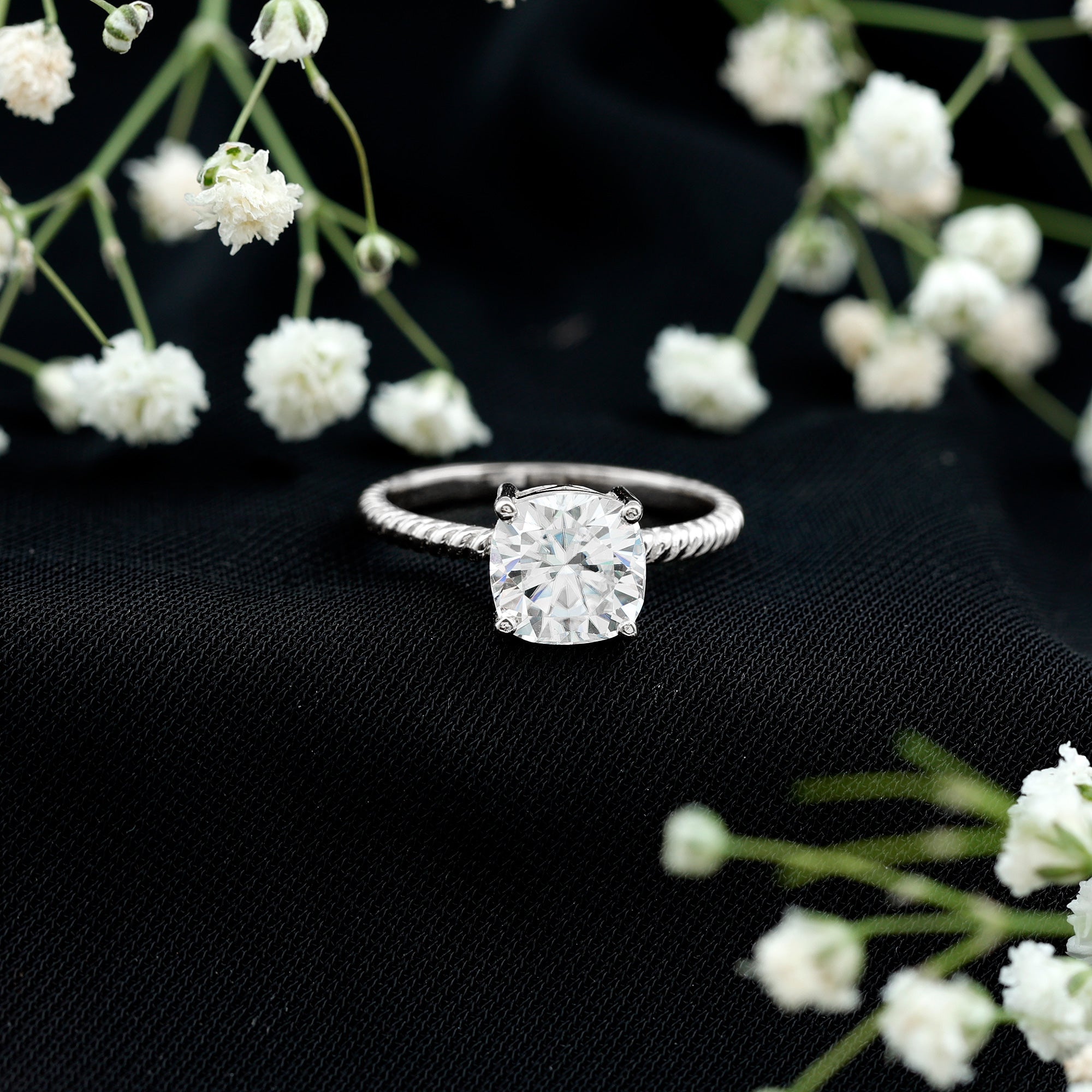 3 CT Certified Moissanite Cushion Cut Engagement Ring D-VS1 - Rosec Jewels