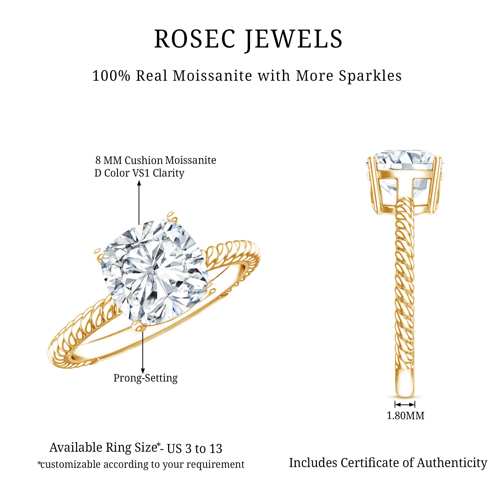 3 CT Certified Moissanite Cushion Cut Engagement Ring D-VS1 - Rosec Jewels