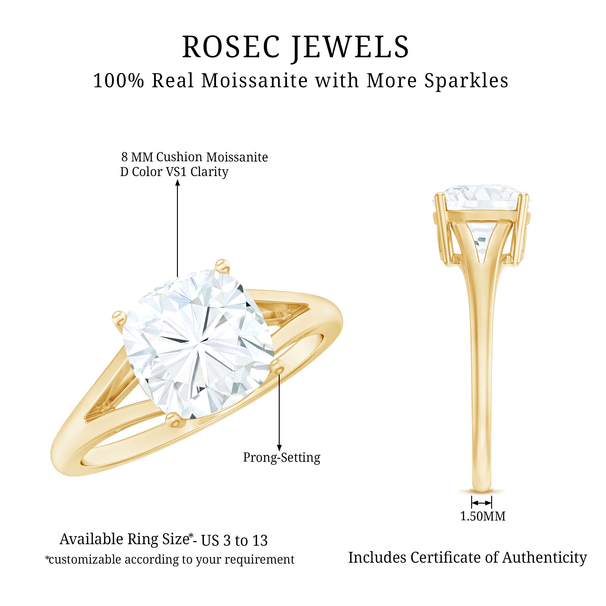 Rosec Jewels-Cushion Cut Moissanite Engagement Ring With Split Shank