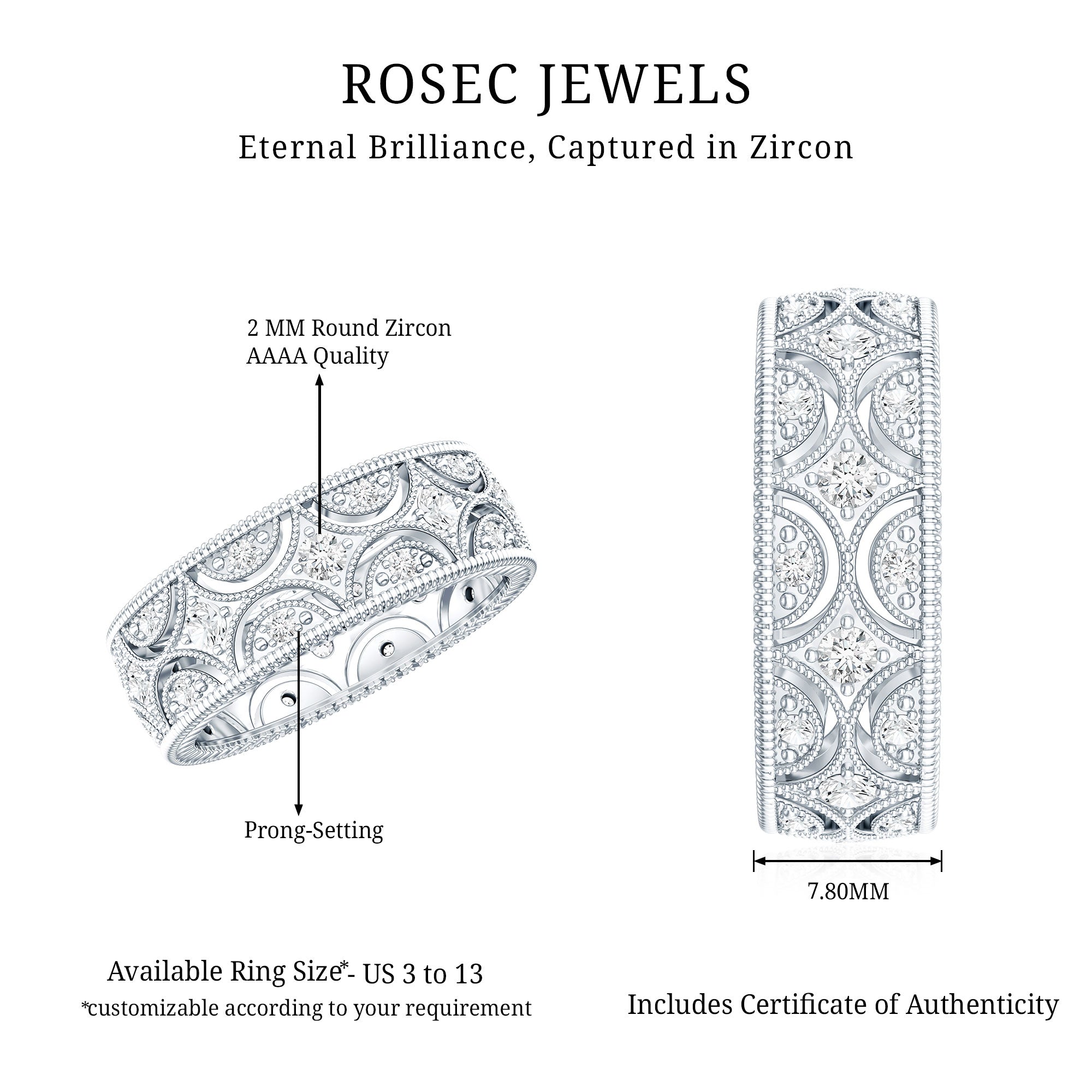 Certified Cubic Zirconia Vintage Wedding Band for Women AAAA - Rosec Jewels
