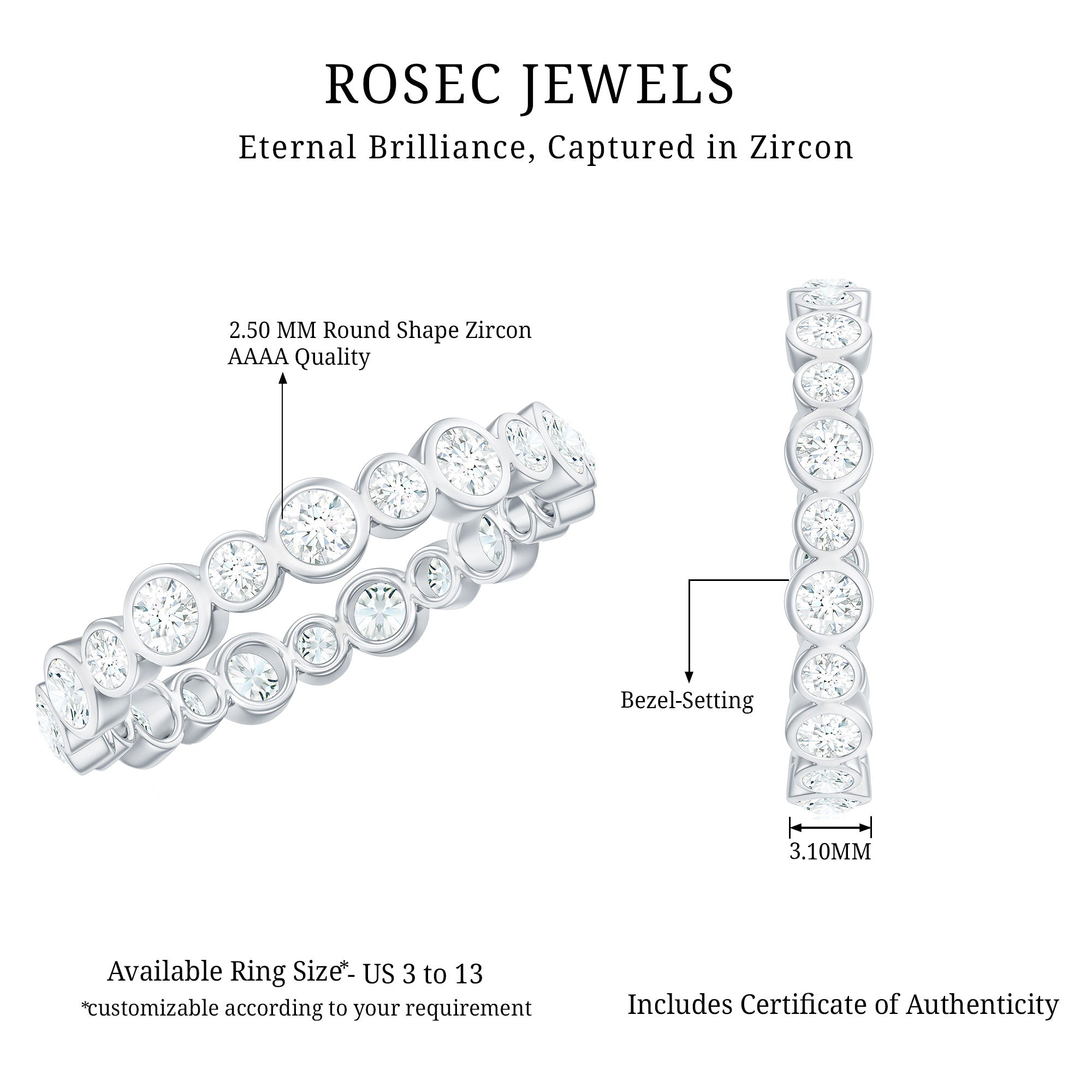 Bezel Set Round Cubic Zirconia Unique Full Eternity Ring AAAA - Rosec Jewels