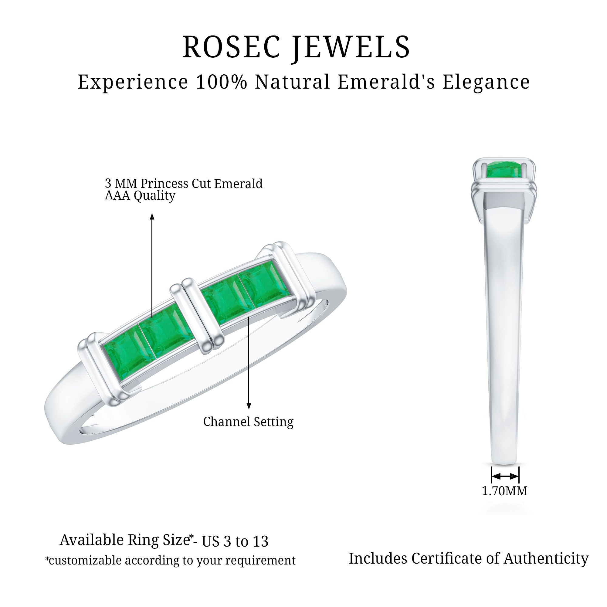 Princess Cut Real Emerald Band Ring in Channel Setting AAA - Rosec Jewels