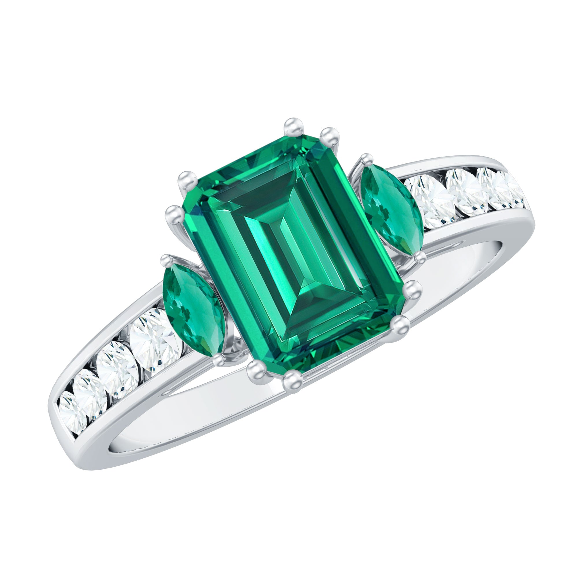 Created Emerald Cocktail Engagement Ring with Diamond Side Stones