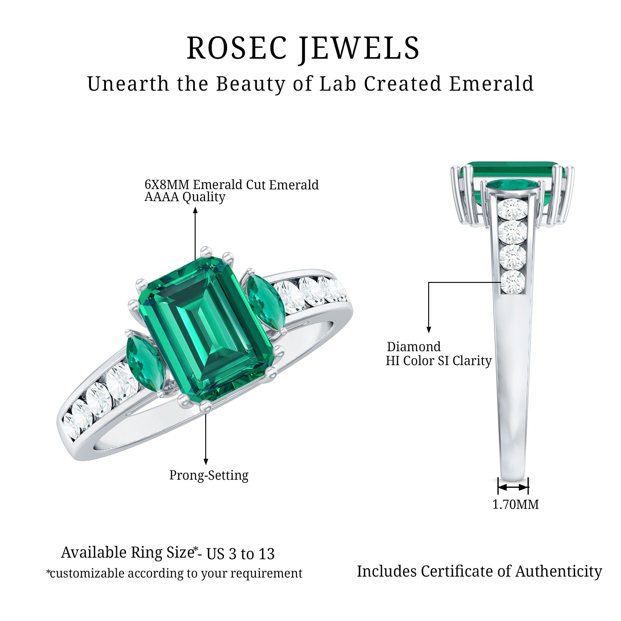 Rosec Jewels-Lab Created Emerald Cut Emerald Engagement Ring with Diamonds