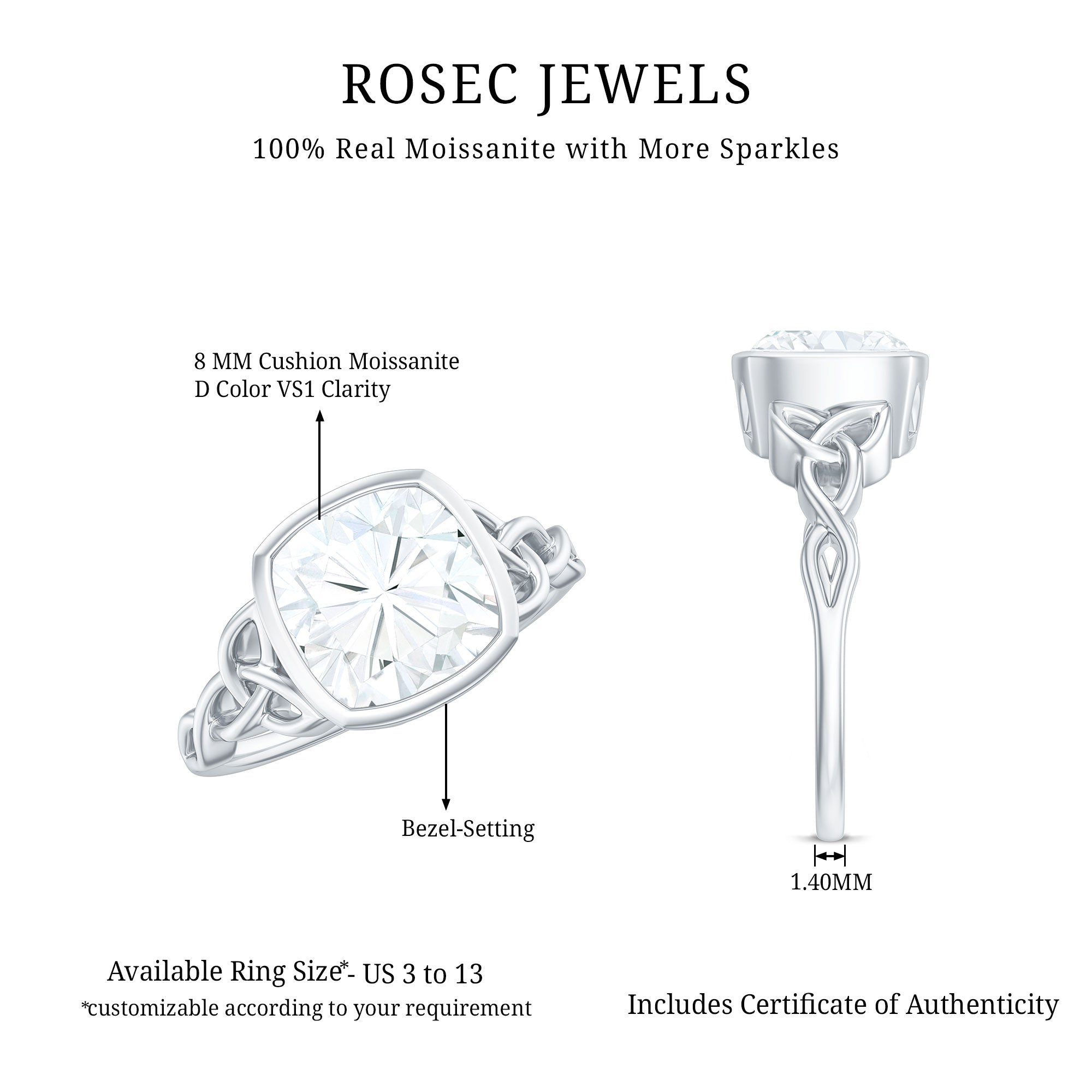 Cushion Cut Moissanite Solitaire Celtic Knot Ring in Bezel Setting D-VS1 - Rosec Jewels
